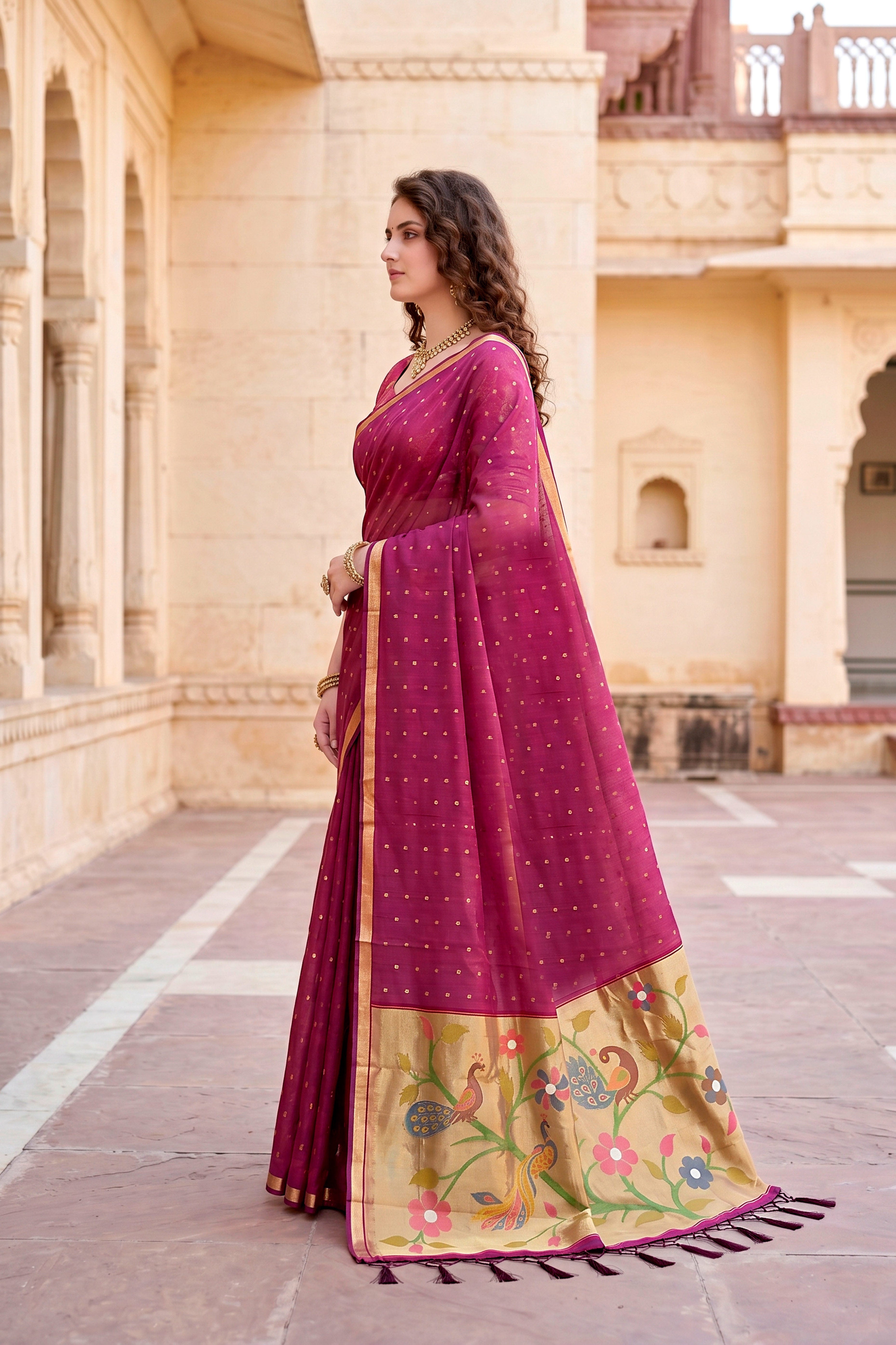Sangam Prints Pink Cotton Blend Woven Work Traditional Saree - Dista