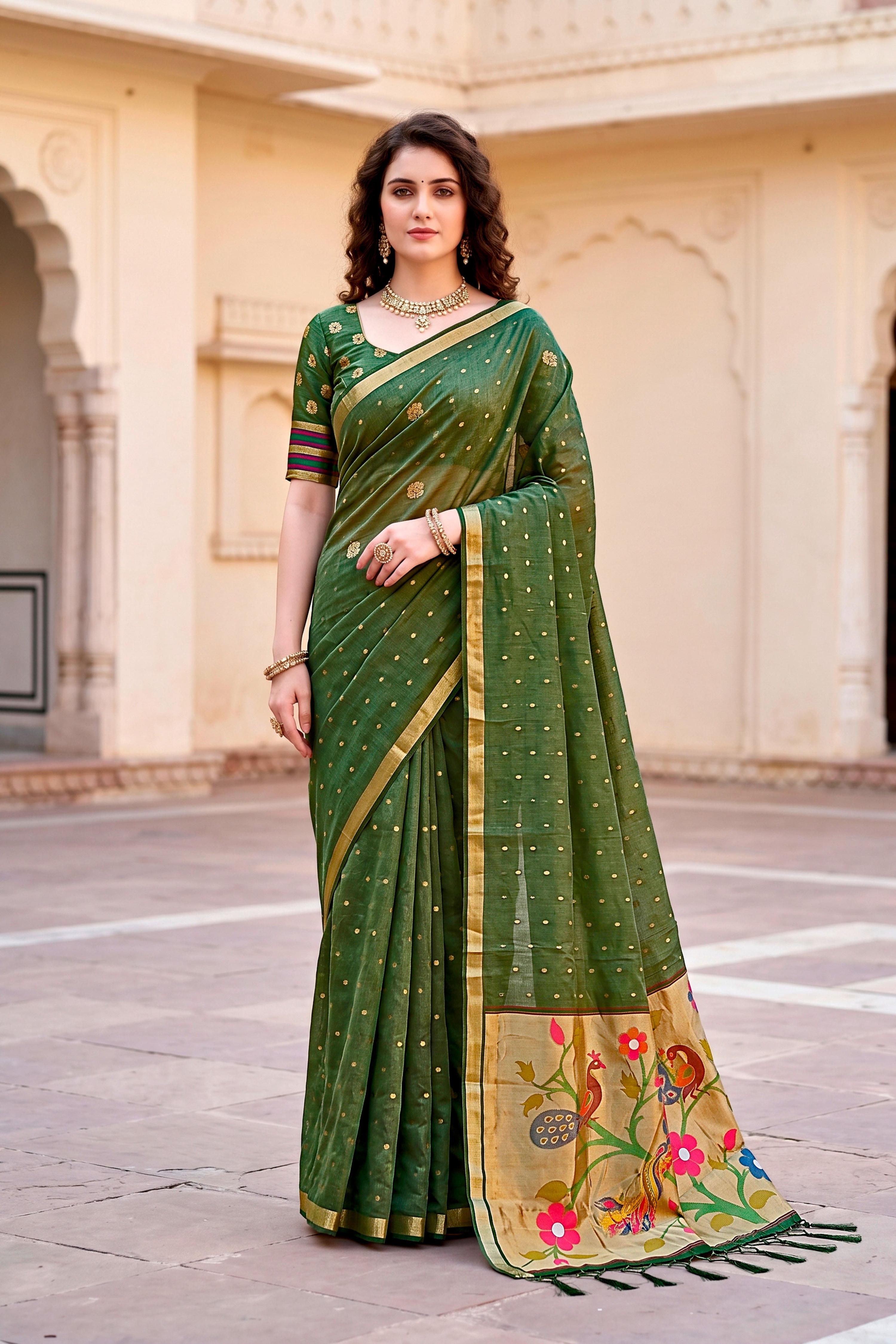 Sangam Prints Mehndi Green Cotton Blend Woven Work Traditional Saree - Dista