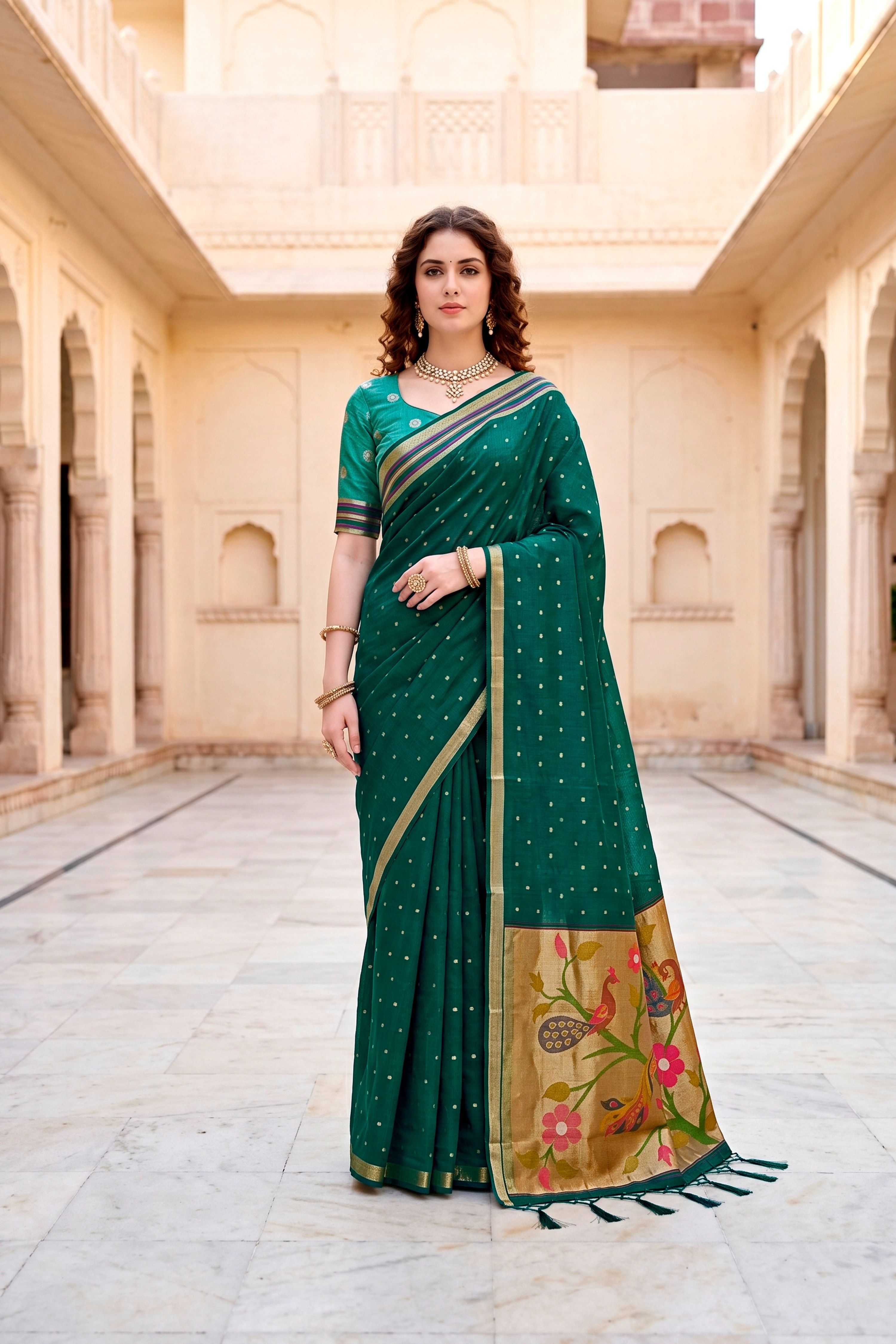 Sangam Prints Emerald Green Cotton Blend Woven Work Traditional Saree - Dista