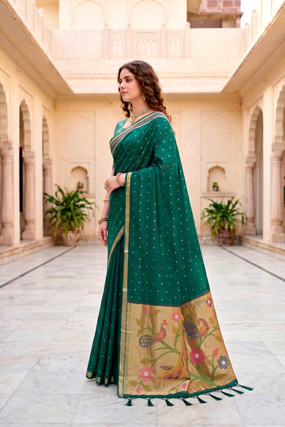 Sangam Prints Emerald Green Cotton Blend Woven Work Traditional Saree - Dista
