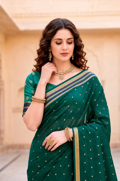 Sangam Prints Emerald Green Cotton Blend Woven Work Traditional Saree - Dista