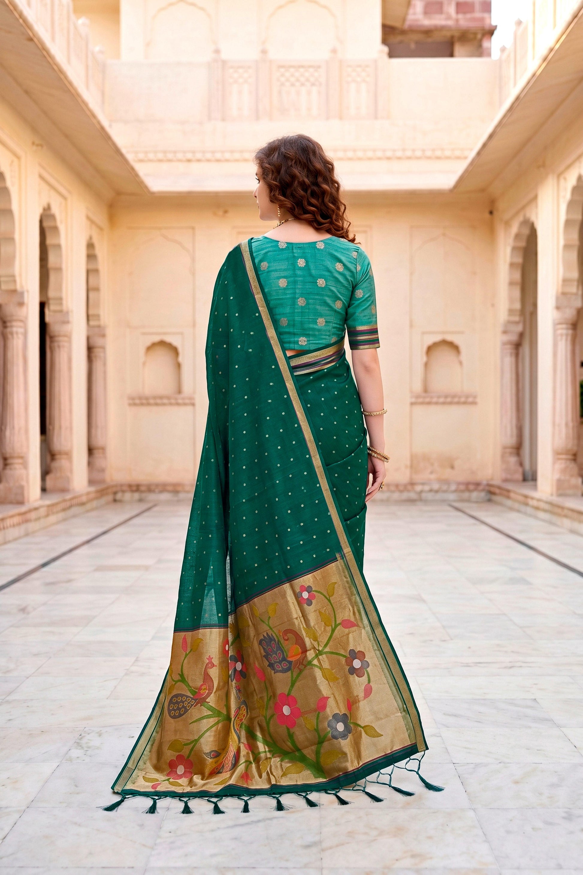 Sangam Prints Emerald Green Cotton Blend Woven Work Traditional Saree - Dista