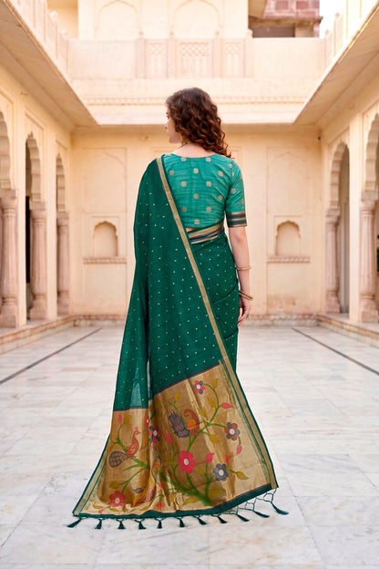 Sangam Prints Emerald Green Cotton Blend Woven Work Traditional Saree - Dista