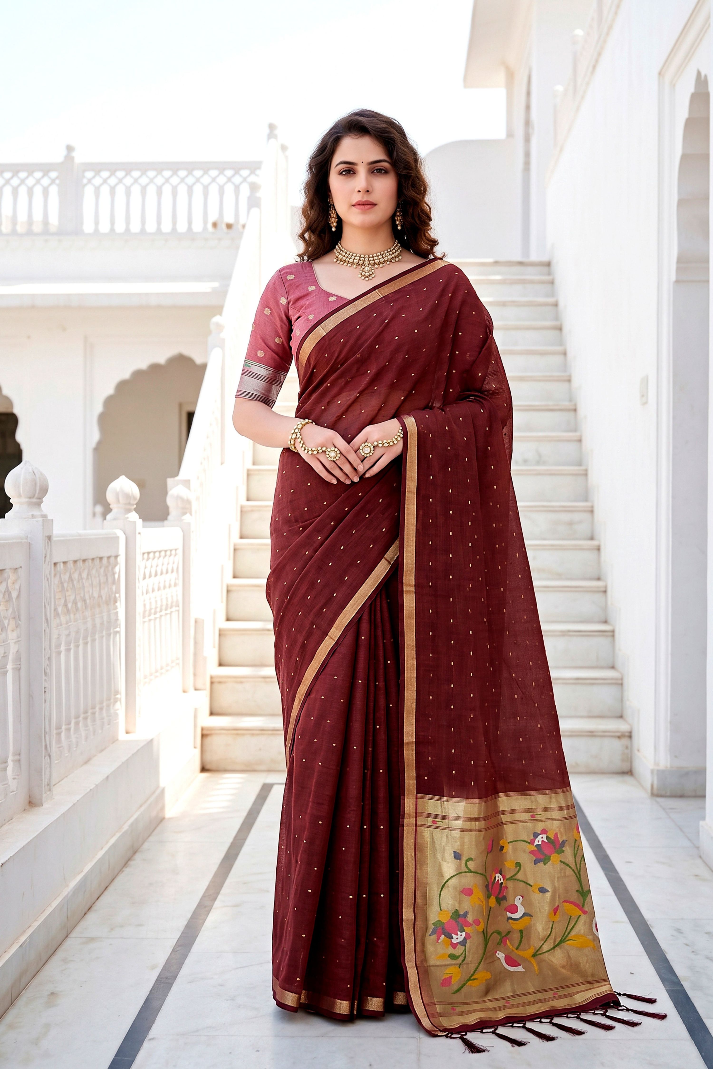 Sangam Prints Maroon Cotton Blend Woven Work Traditional Saree - Dista