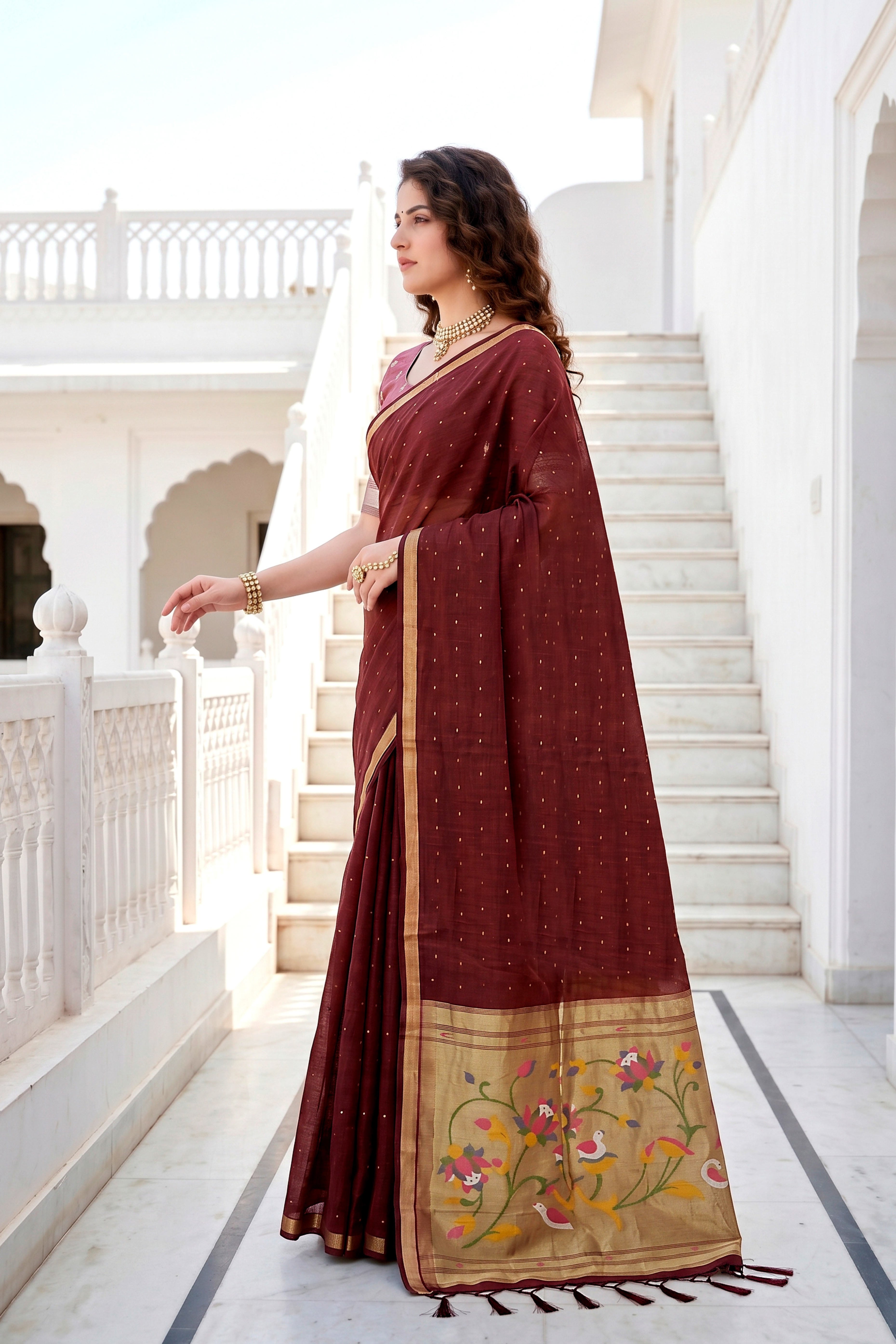 Sangam Prints Maroon Cotton Blend Woven Work Traditional Saree - Dista