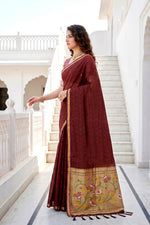 Thumbnail for Sangam Prints Maroon Cotton Blend Woven Work Traditional Saree - Dista