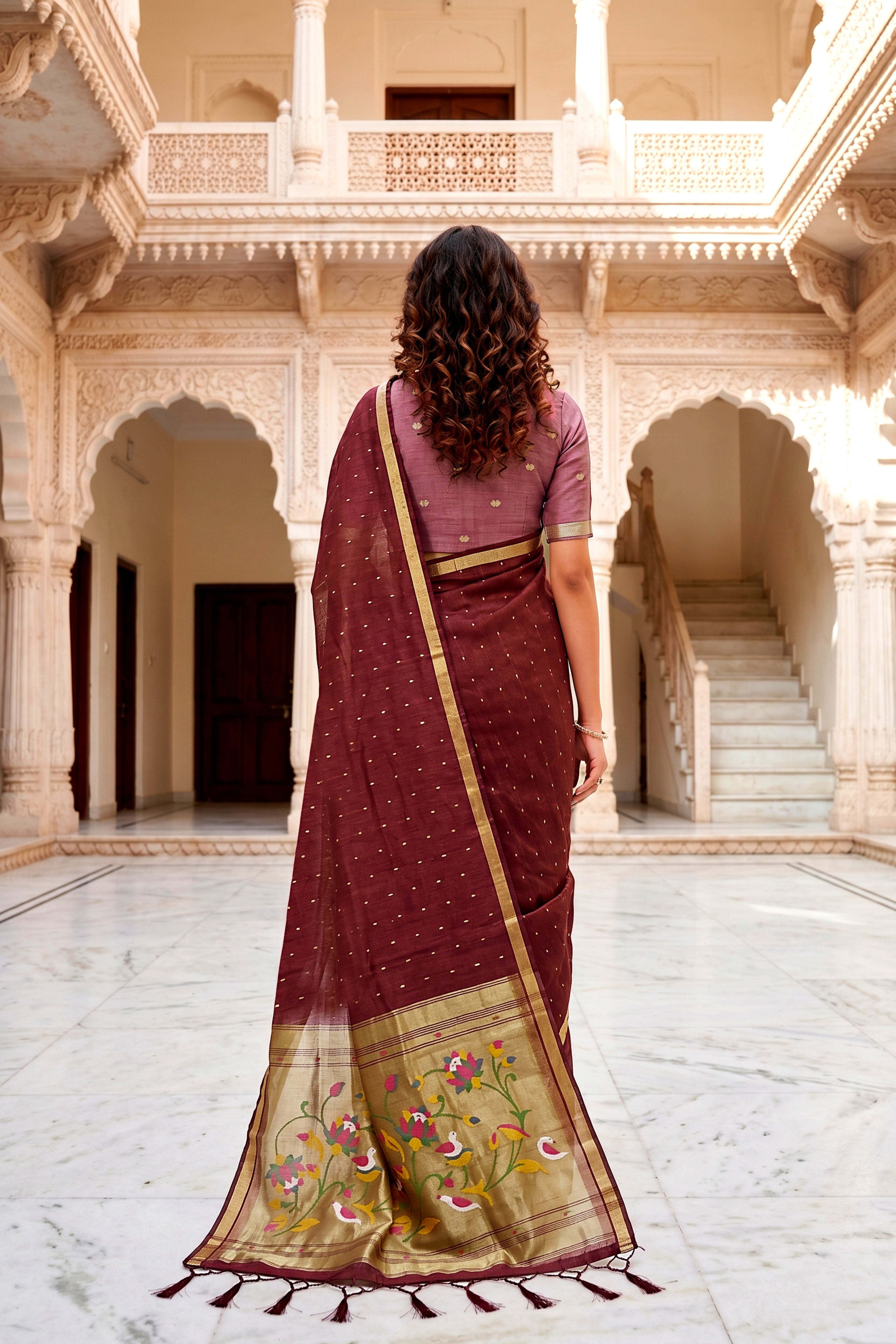 Sangam Prints Maroon Cotton Blend Woven Work Traditional Saree - Dista