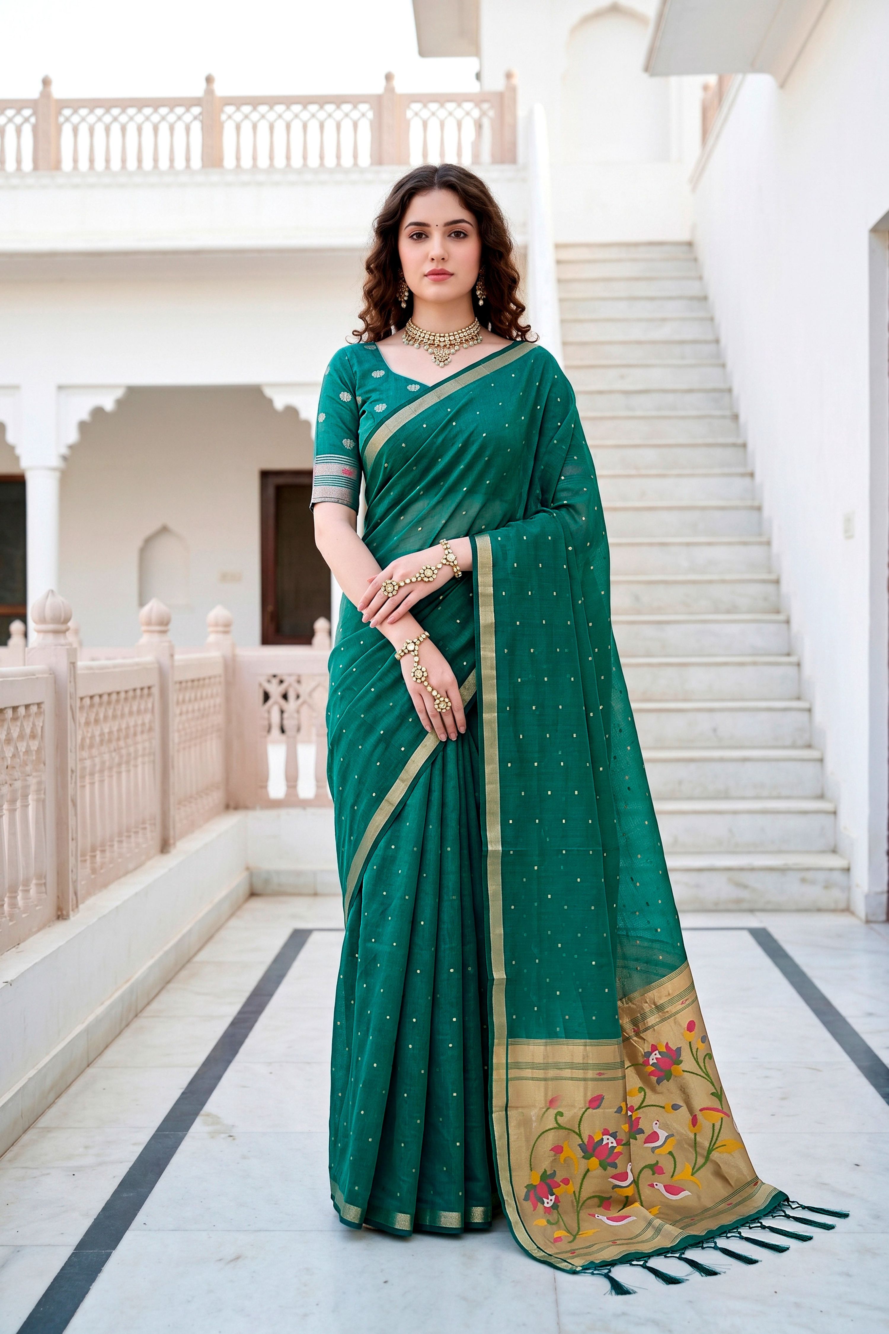 Sangam Prints Emerald Green Cotton Blend Woven Work Traditional Saree - Dista