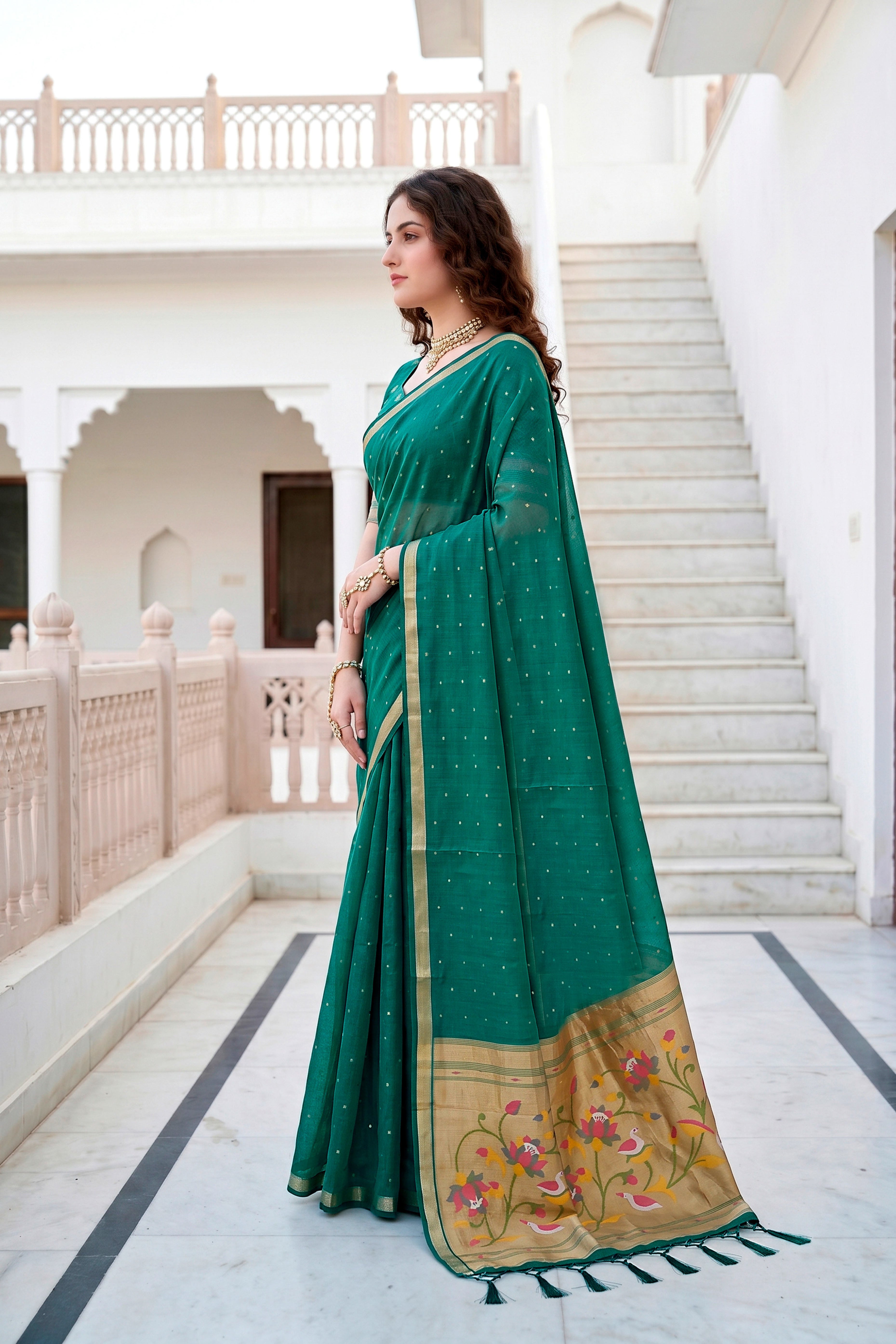 Sangam Prints Emerald Green Cotton Blend Woven Work Traditional Saree - Dista