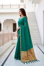 Thumbnail for Sangam Prints Emerald Green Cotton Blend Woven Work Traditional Saree - Dista