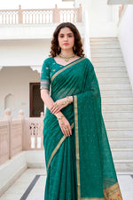 Thumbnail for Sangam Prints Emerald Green Cotton Blend Woven Work Traditional Saree - Dista