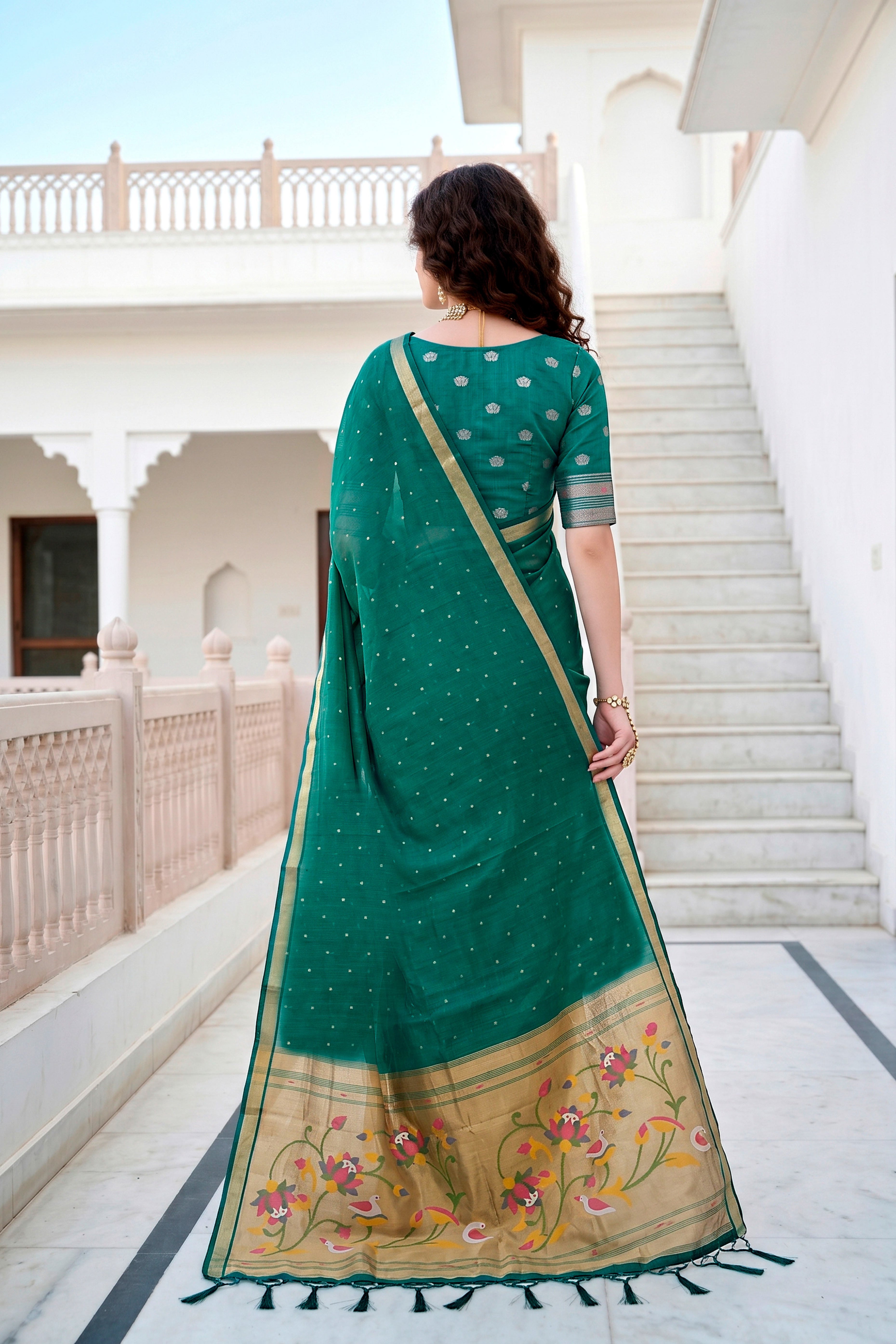 Sangam Prints Emerald Green Cotton Blend Woven Work Traditional Saree - Dista