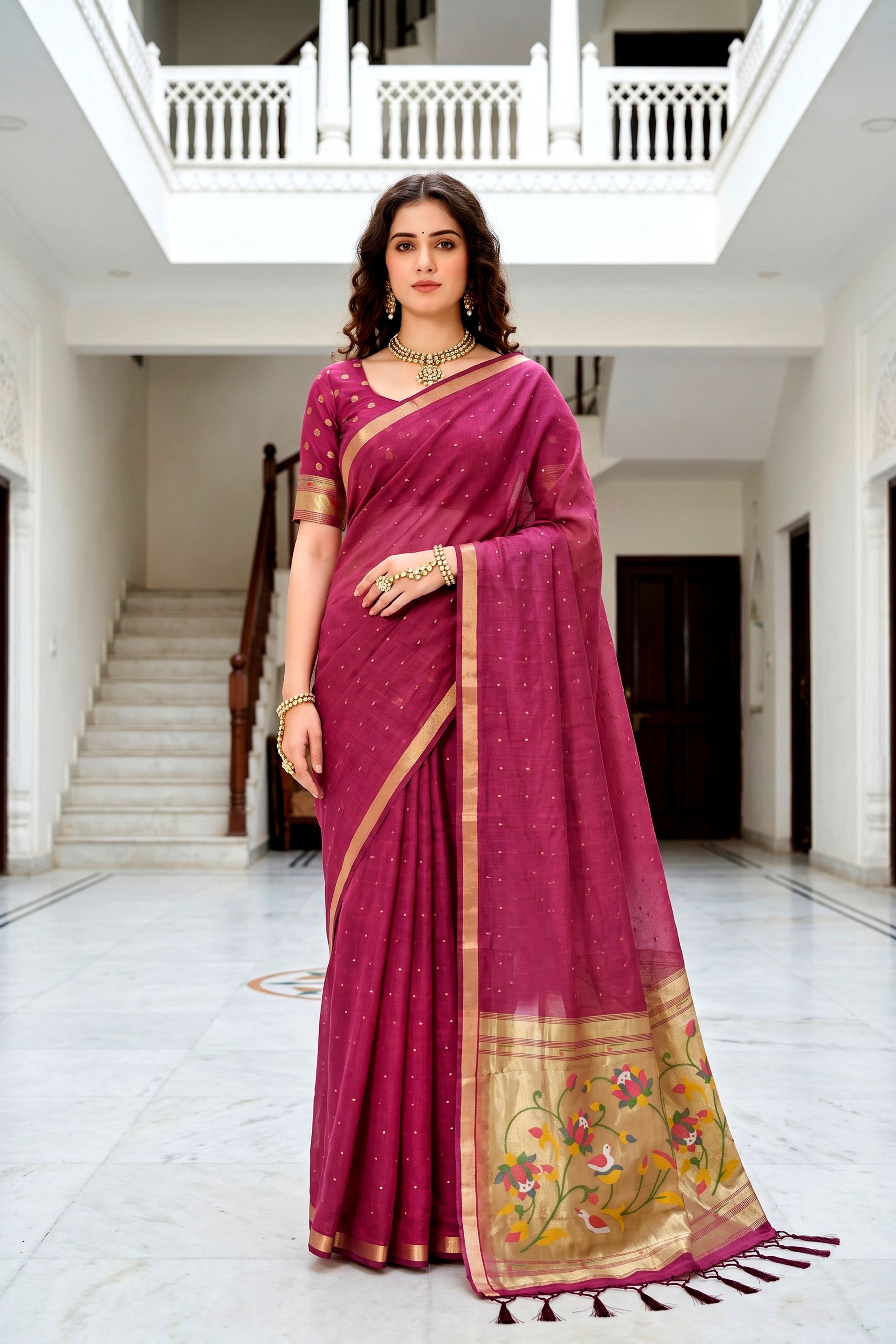 Sangam Prints Pink Cotton Blend Woven Work Traditional Saree - Dista