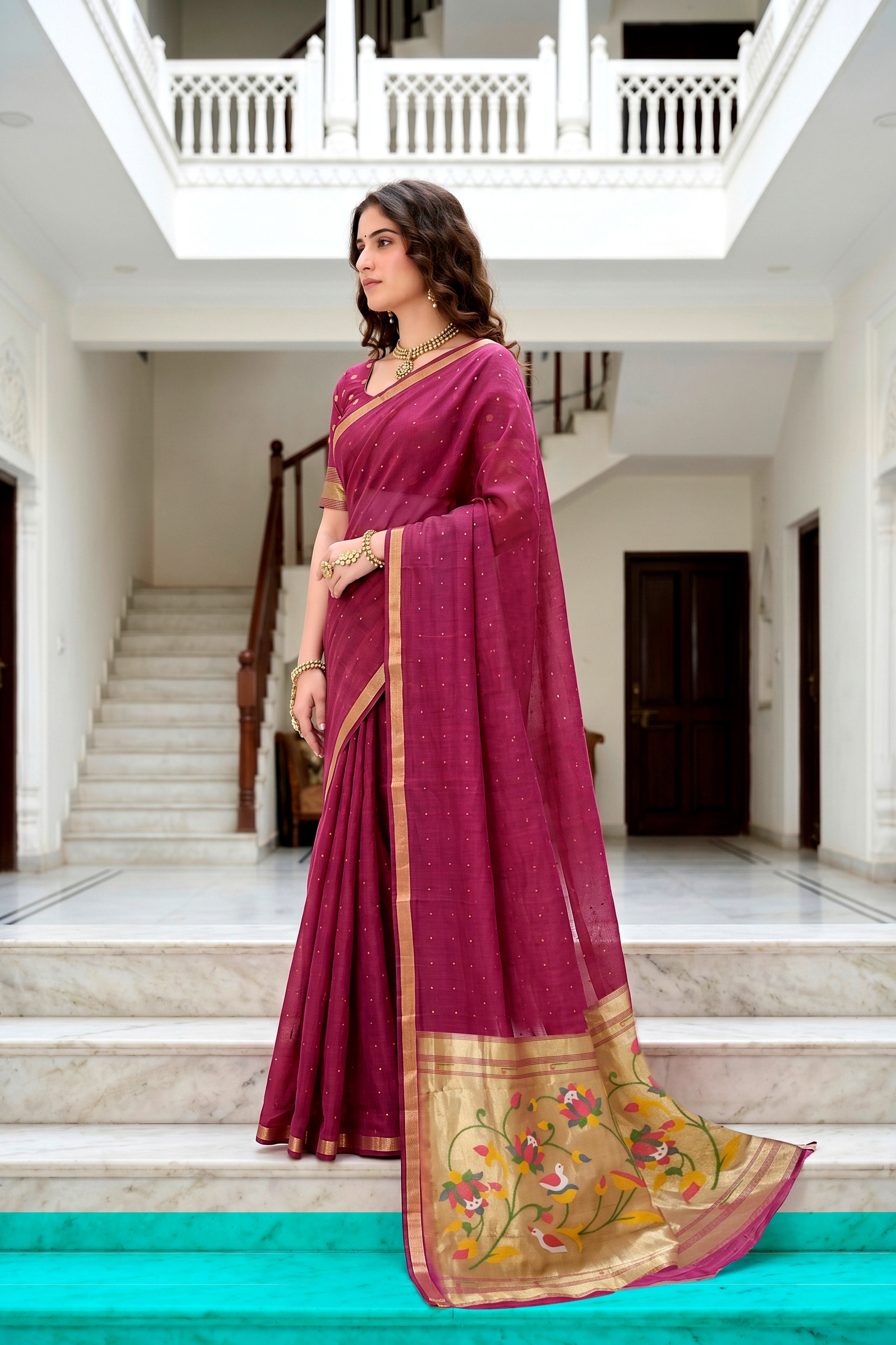 Sangam Prints Pink Cotton Blend Woven Work Traditional Saree - Dista