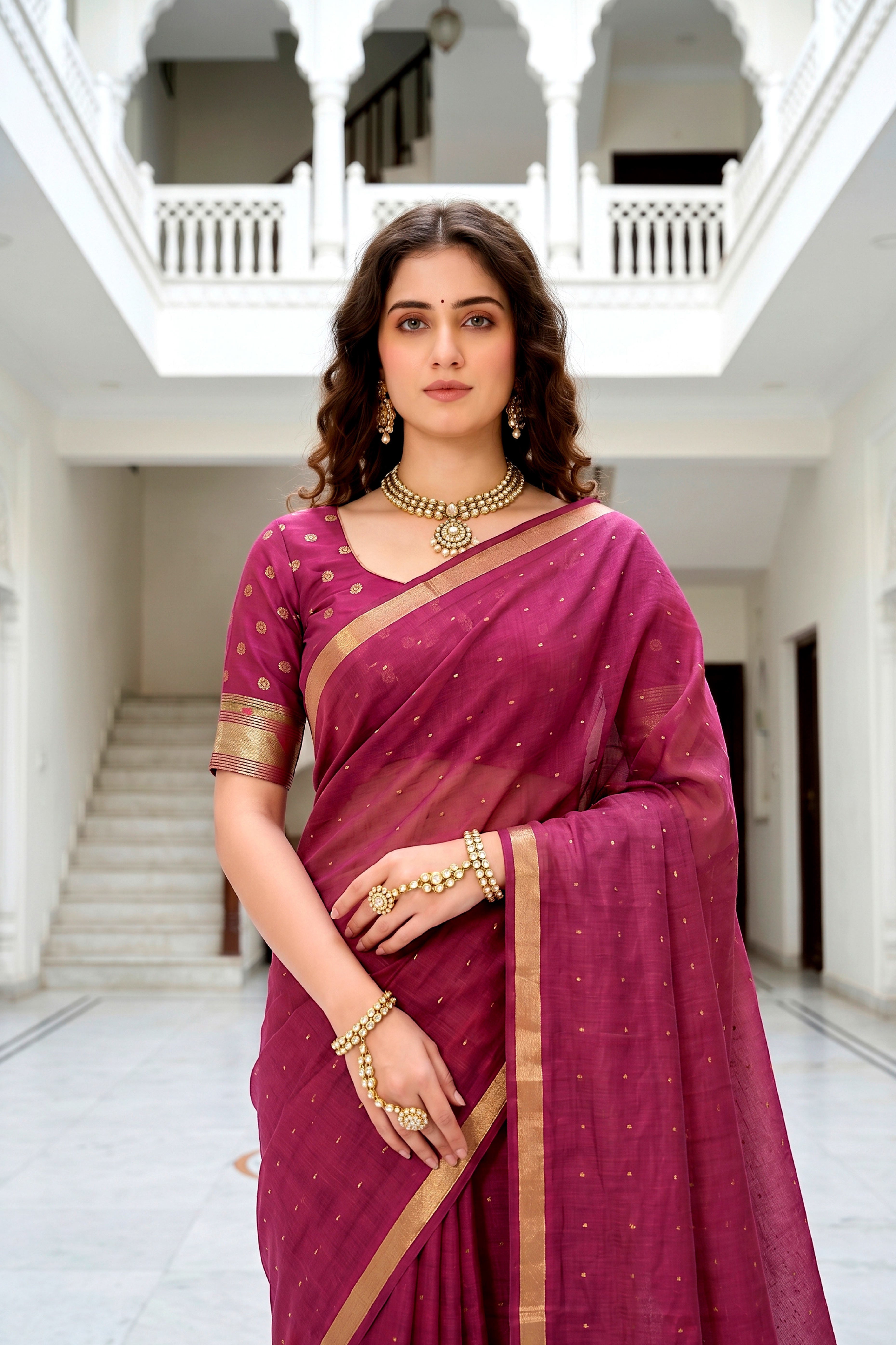 Sangam Prints Pink Cotton Blend Woven Work Traditional Saree - Dista