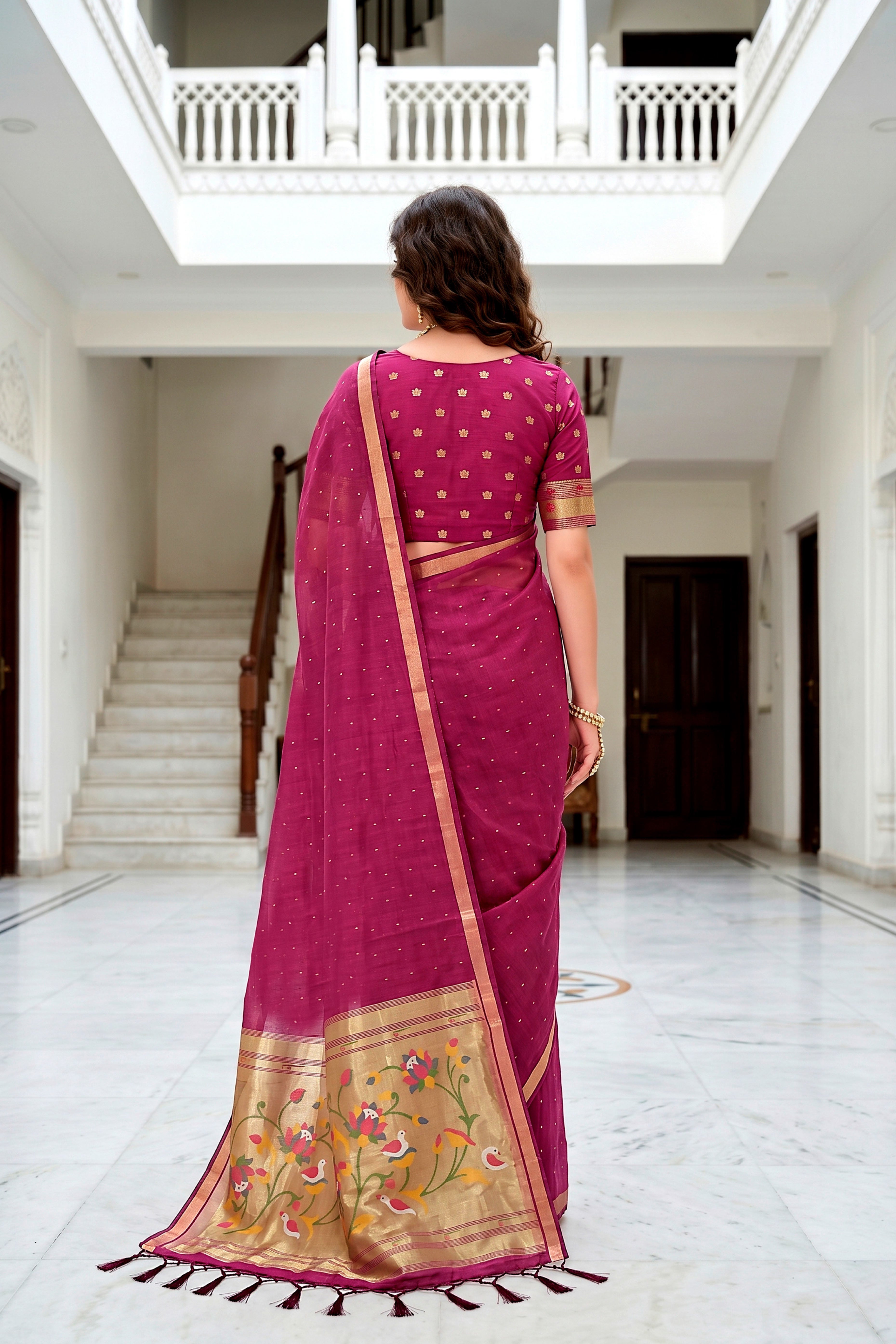Sangam Prints Pink Cotton Blend Woven Work Traditional Saree - Dista
