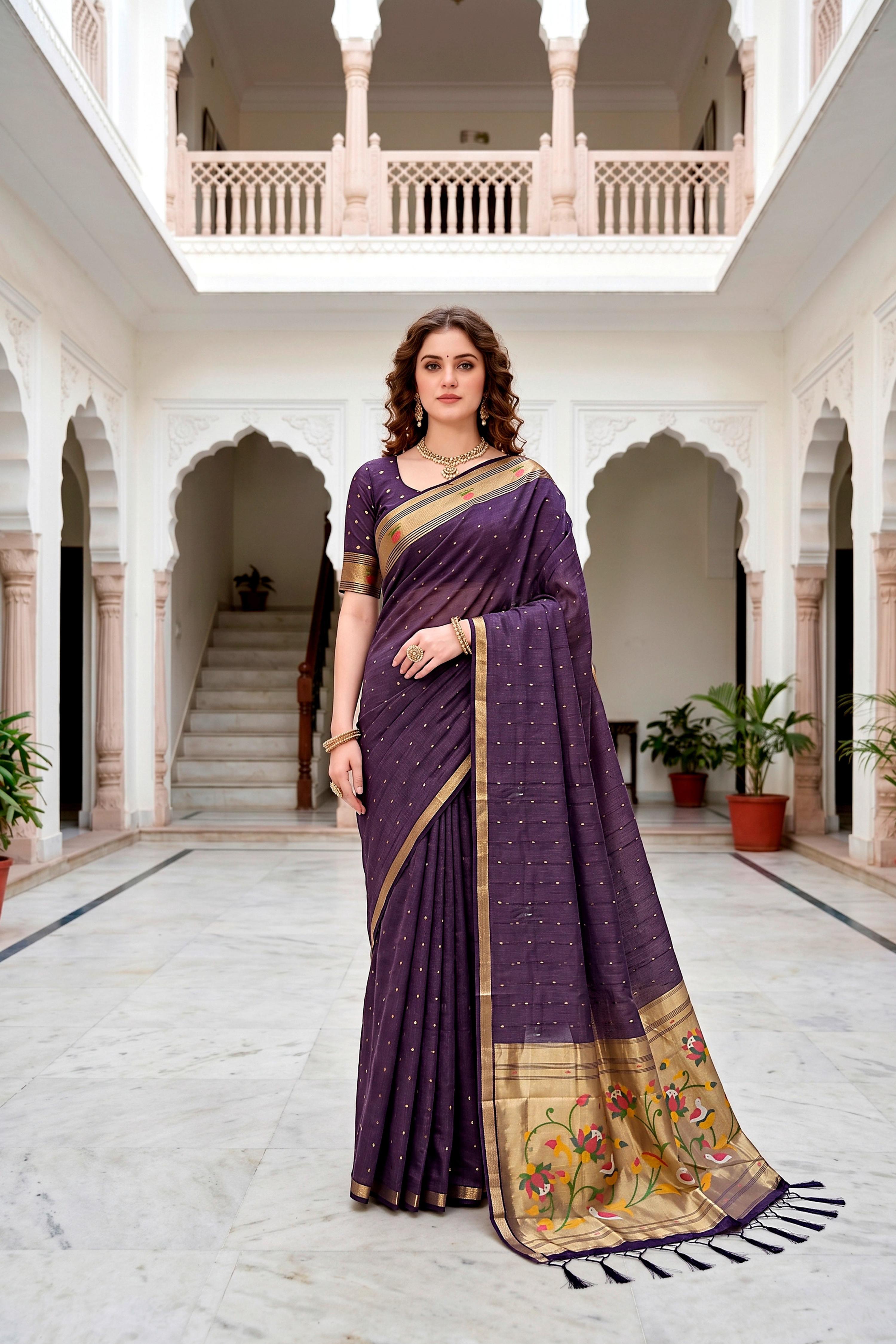 Sangam Prints Violet Cotton Blend Woven Work Traditional Saree - Dista