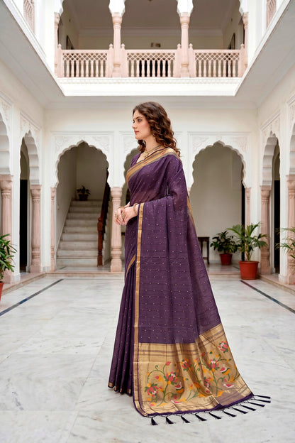 Sangam Prints Violet Cotton Blend Woven Work Traditional Saree - Dista