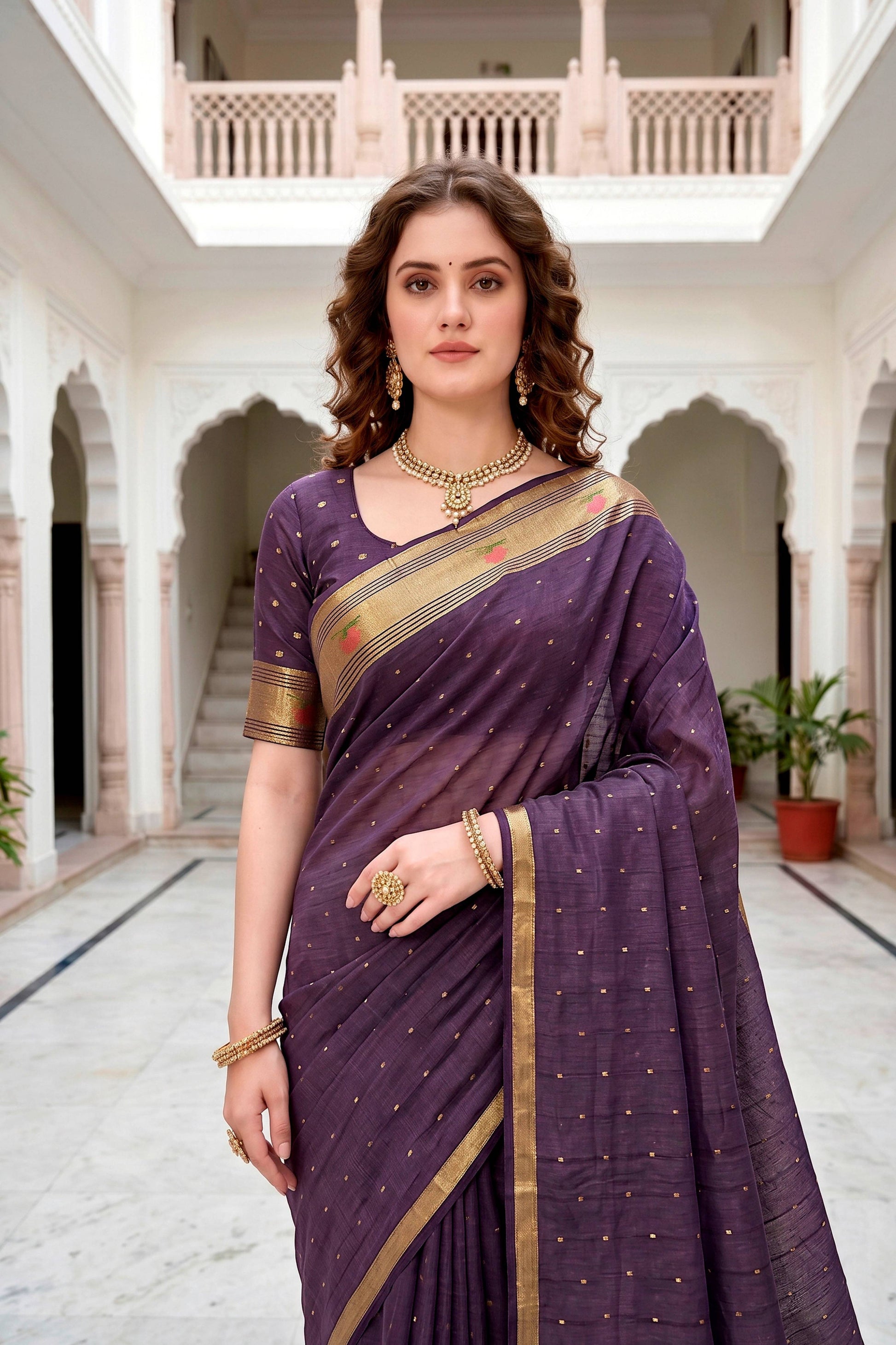 Sangam Prints Violet Cotton Blend Woven Work Traditional Saree - Dista