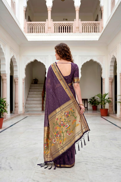 Sangam Prints Violet Cotton Blend Woven Work Traditional Saree - Dista