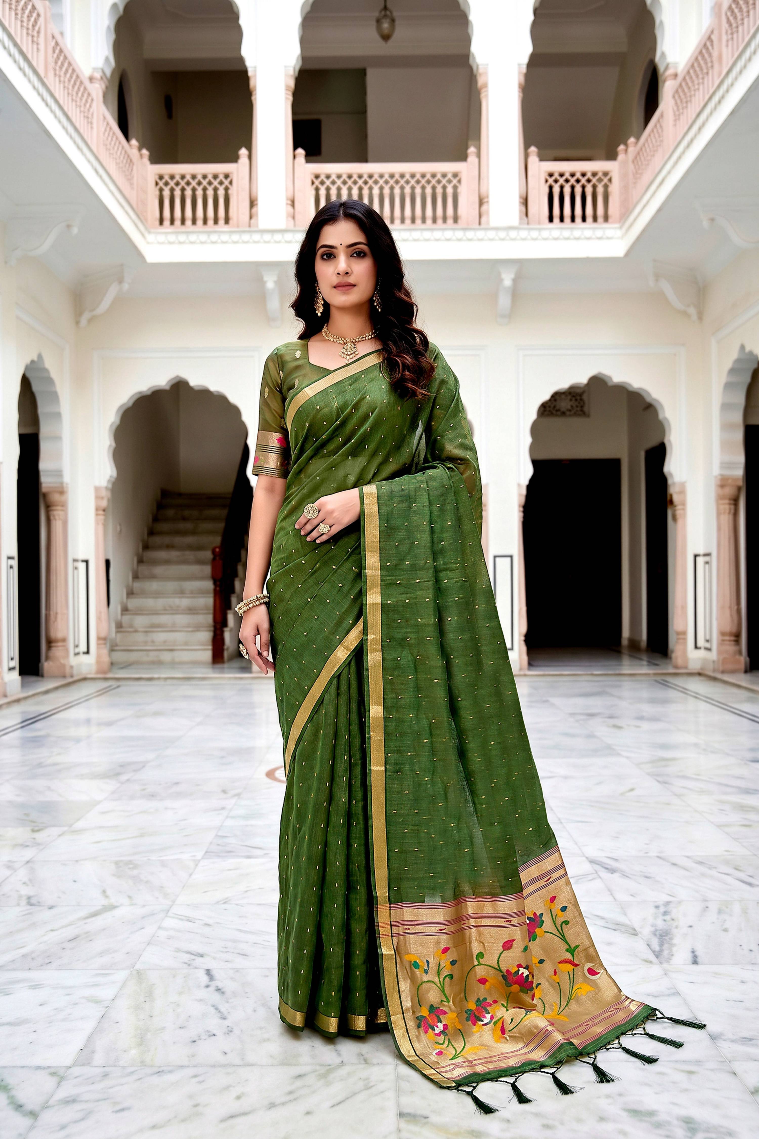Sangam Prints Mehndi Green Cotton Blend Woven Work Traditional Saree - Dista