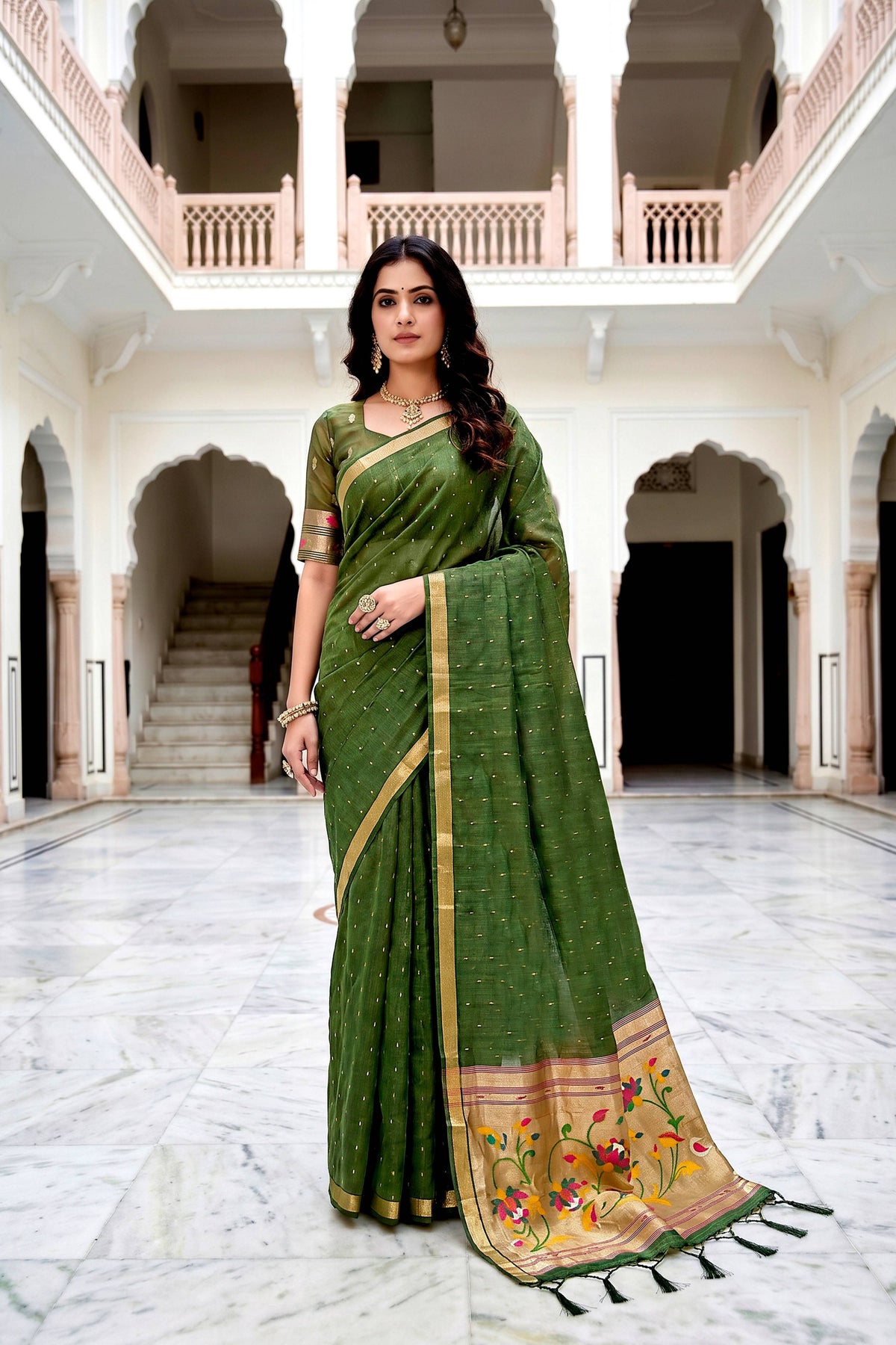 Sangam Prints Mehndi Green Cotton Blend Woven Work Traditional Saree