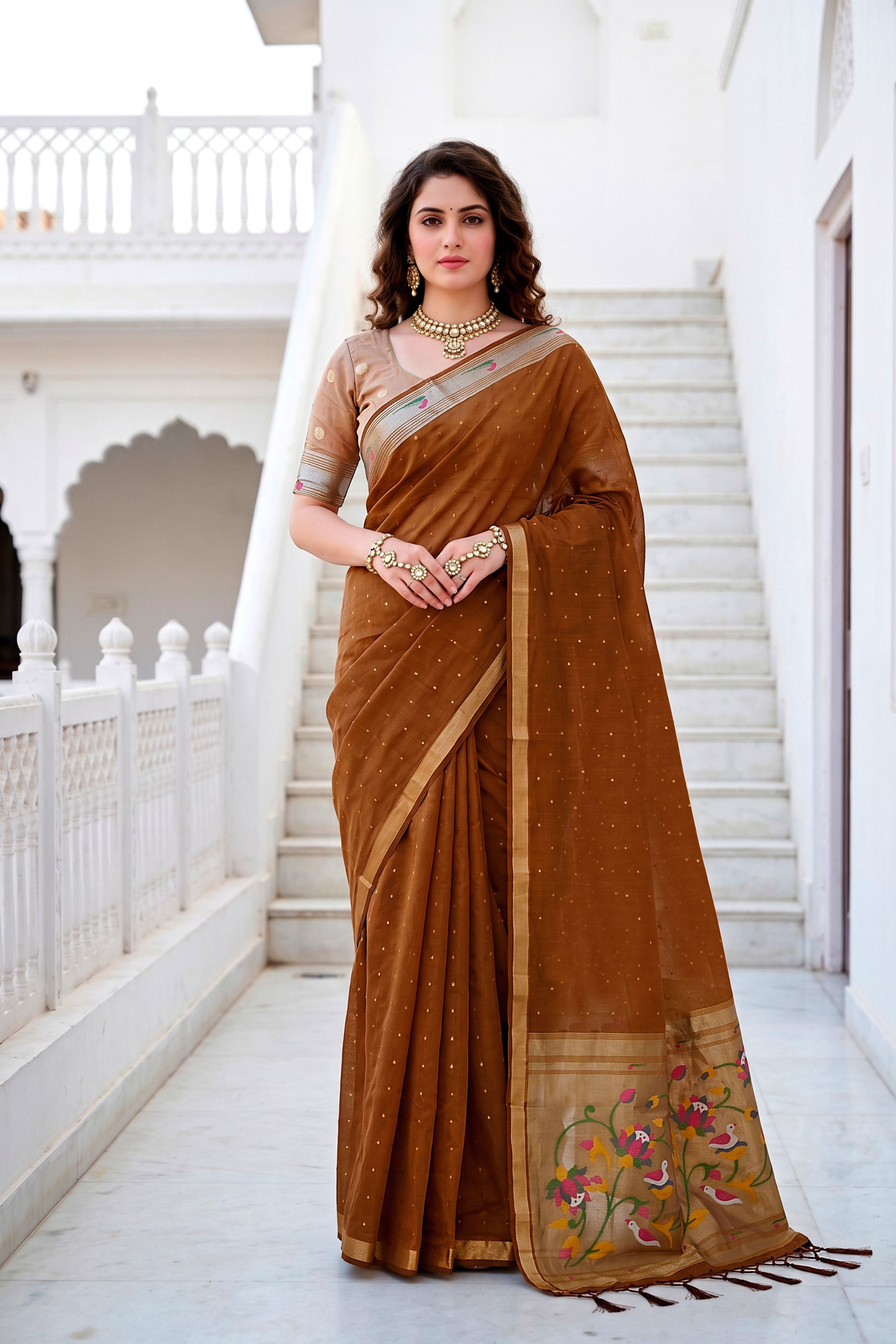 Sangam Prints Mustard Brown Cotton Blend Woven Work Traditional Saree - Dista