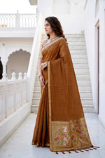 Thumbnail for Sangam Prints Mustard Brown Cotton Blend Woven Work Traditional Saree - Dista