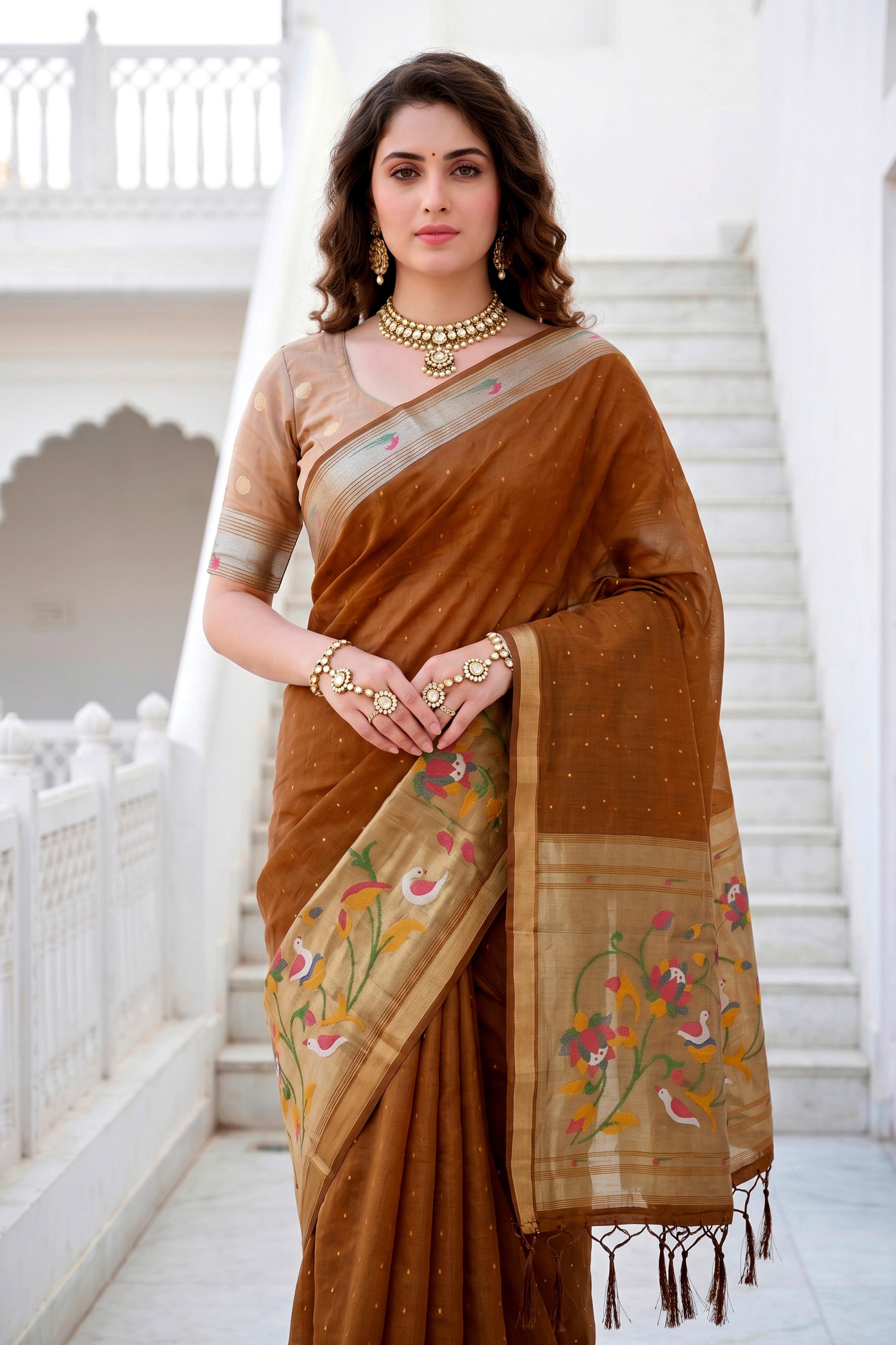 Sangam Prints Mustard Brown Cotton Blend Woven Work Traditional Saree - Dista