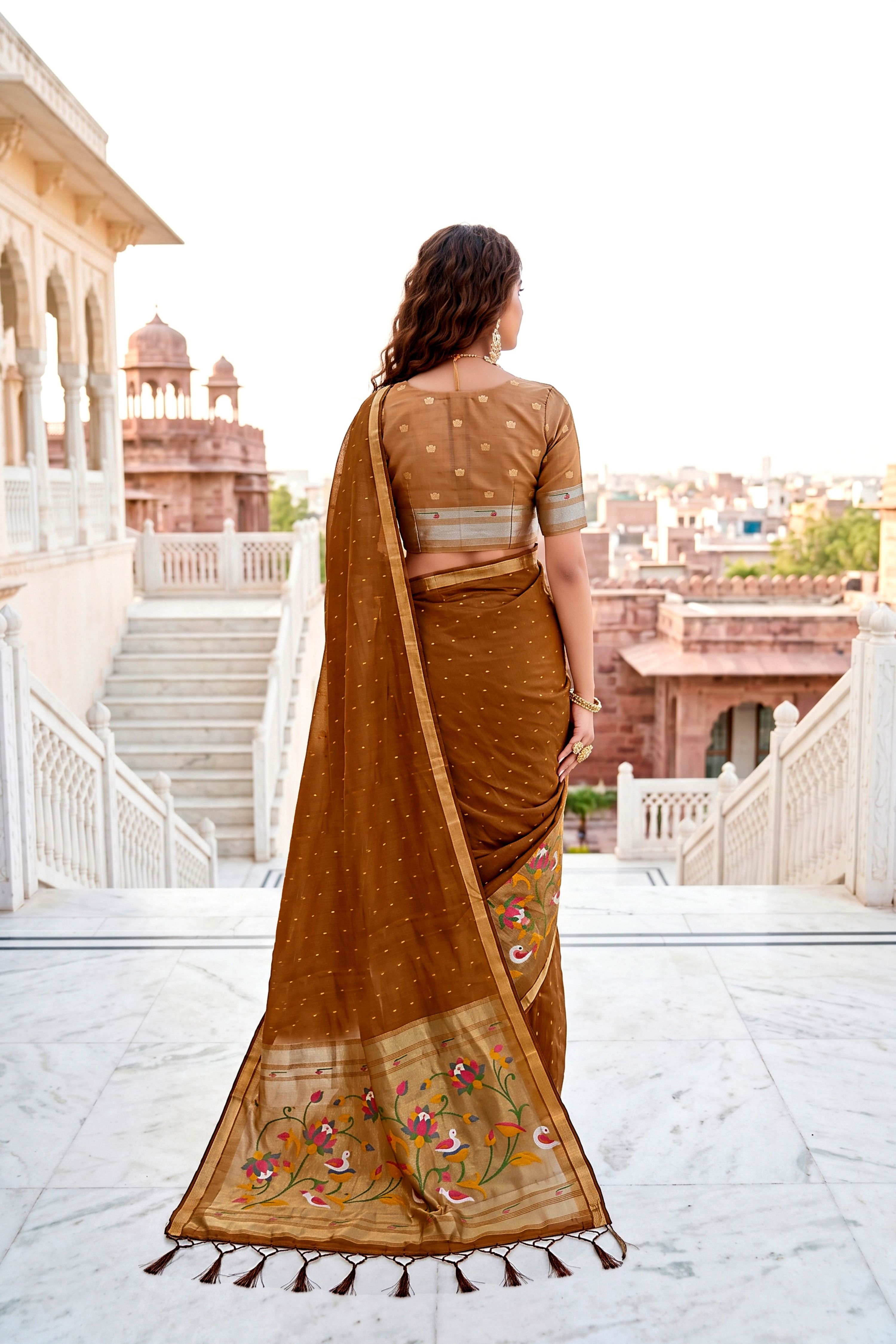 Sangam Prints Mustard Brown Cotton Blend Woven Work Traditional Saree - Dista