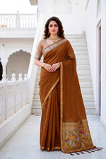 Thumbnail for Sangam Prints Mustard Brown Cotton Blend Woven Work Traditional Saree - Dista