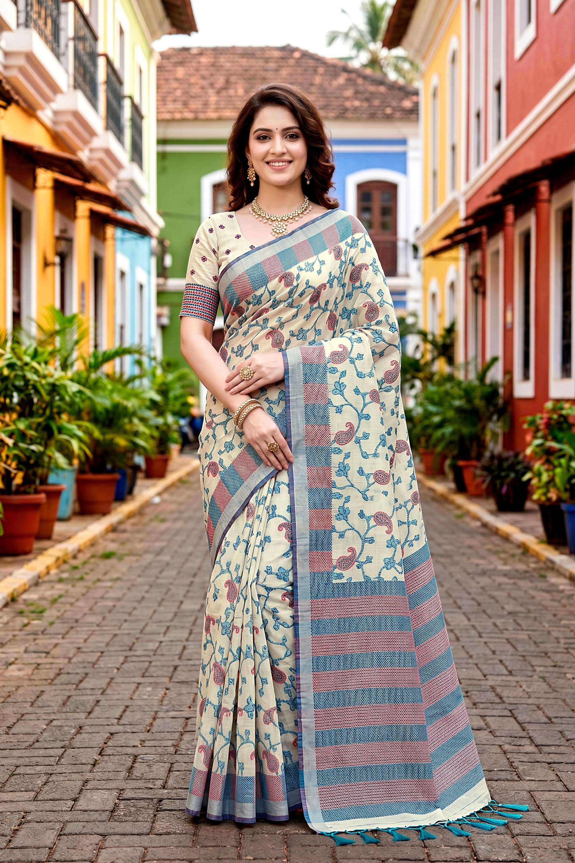 Sangam Prints Blue Cotton Blend Woven Work Traditional Saree - Dista