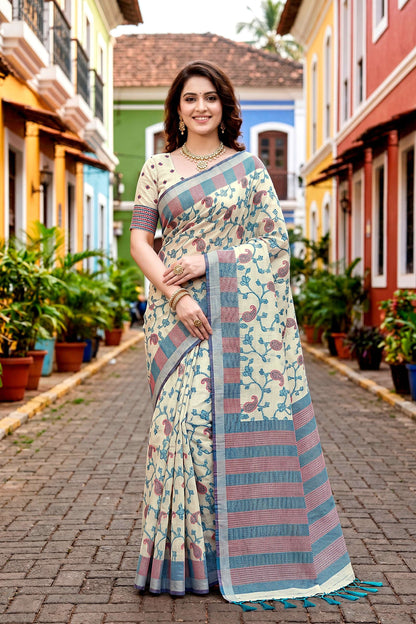 Sangam Prints Blue Cotton Blend Woven Work Traditional Saree - Dista