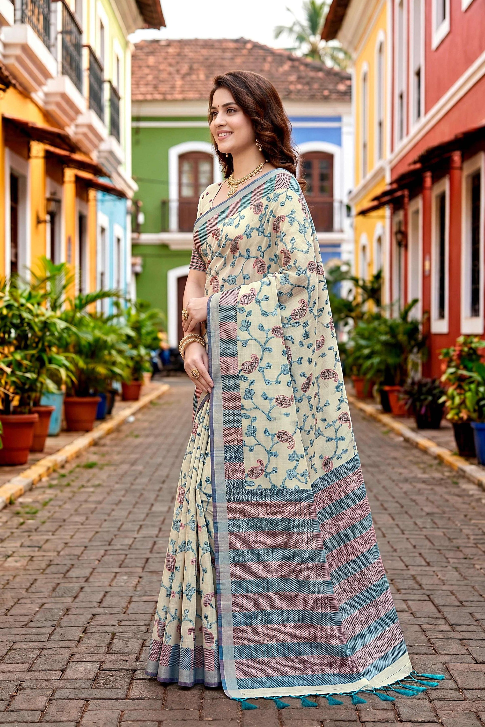 Sangam Prints Blue Cotton Blend Woven Work Traditional Saree - Dista