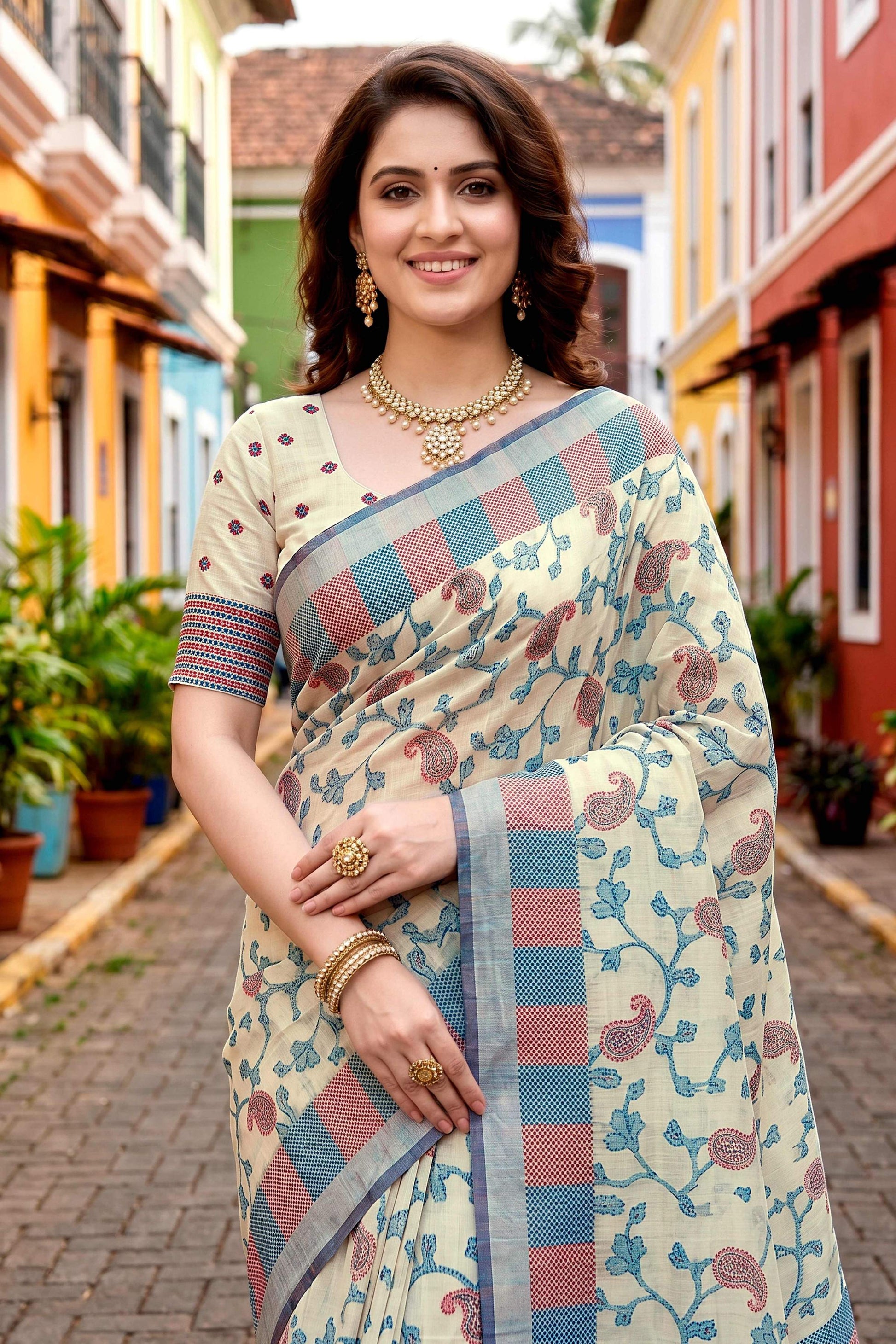 Sangam Prints Blue Cotton Blend Woven Work Traditional Saree - Dista