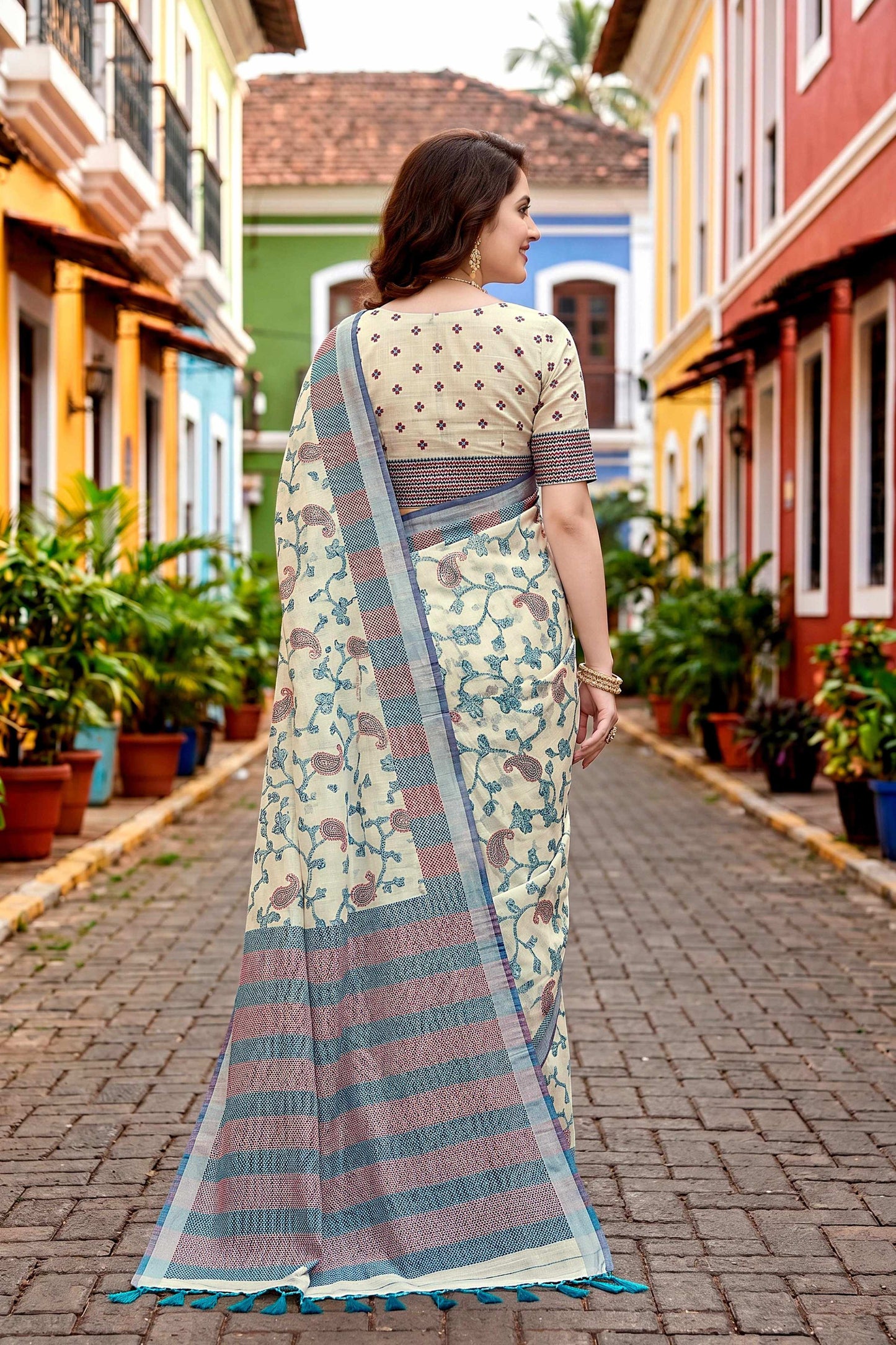 Sangam Prints Blue Cotton Blend Woven Work Traditional Saree - Dista