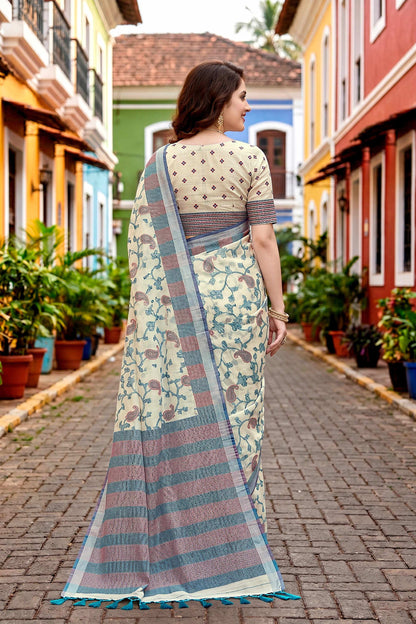 Sangam Prints Blue Cotton Blend Woven Work Traditional Saree - Dista