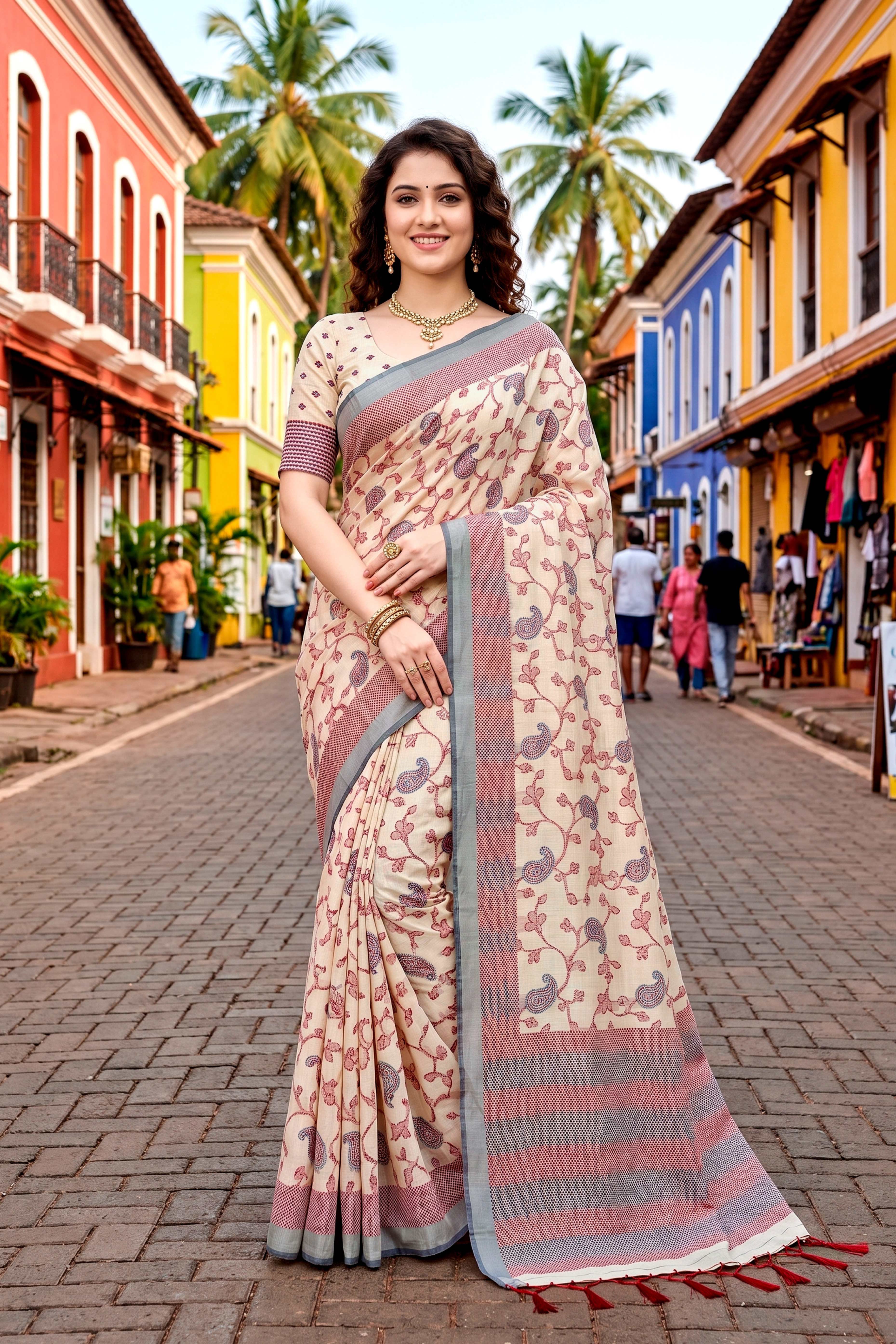 Sangam Prints Ivory Beige Cotton Blend Woven Work Traditional Saree - Dista