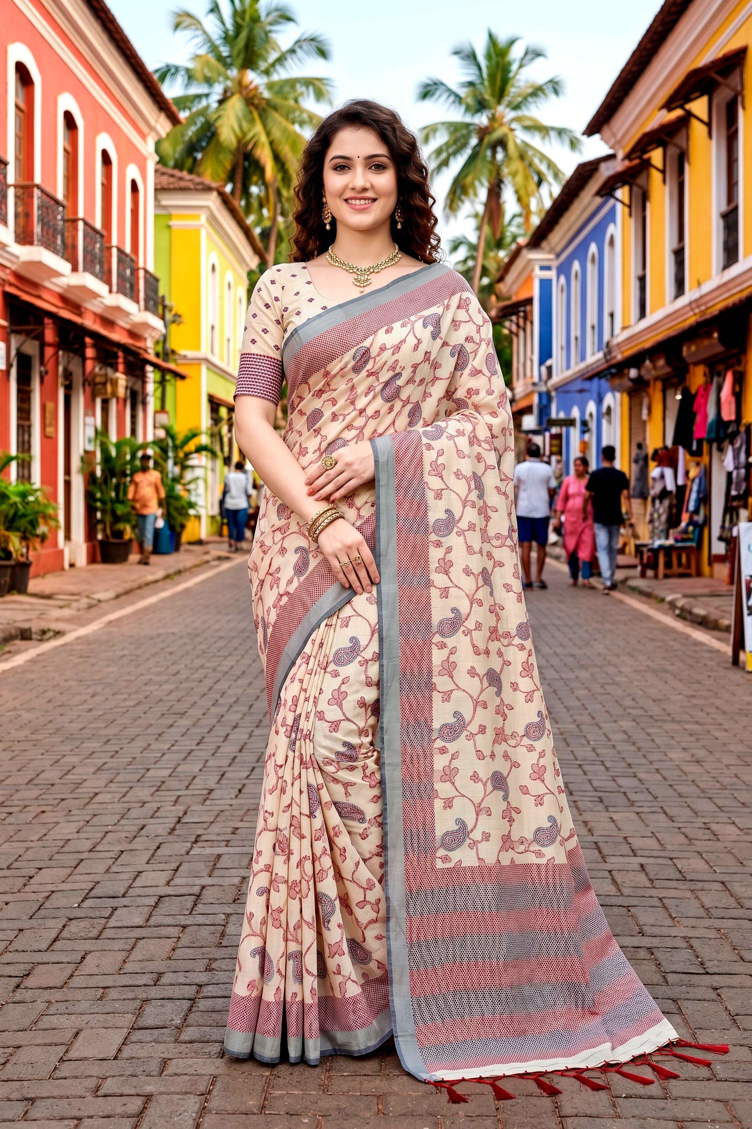 Sangam Prints Ivory Beige Cotton Blend Woven Work Traditional Saree - Dista