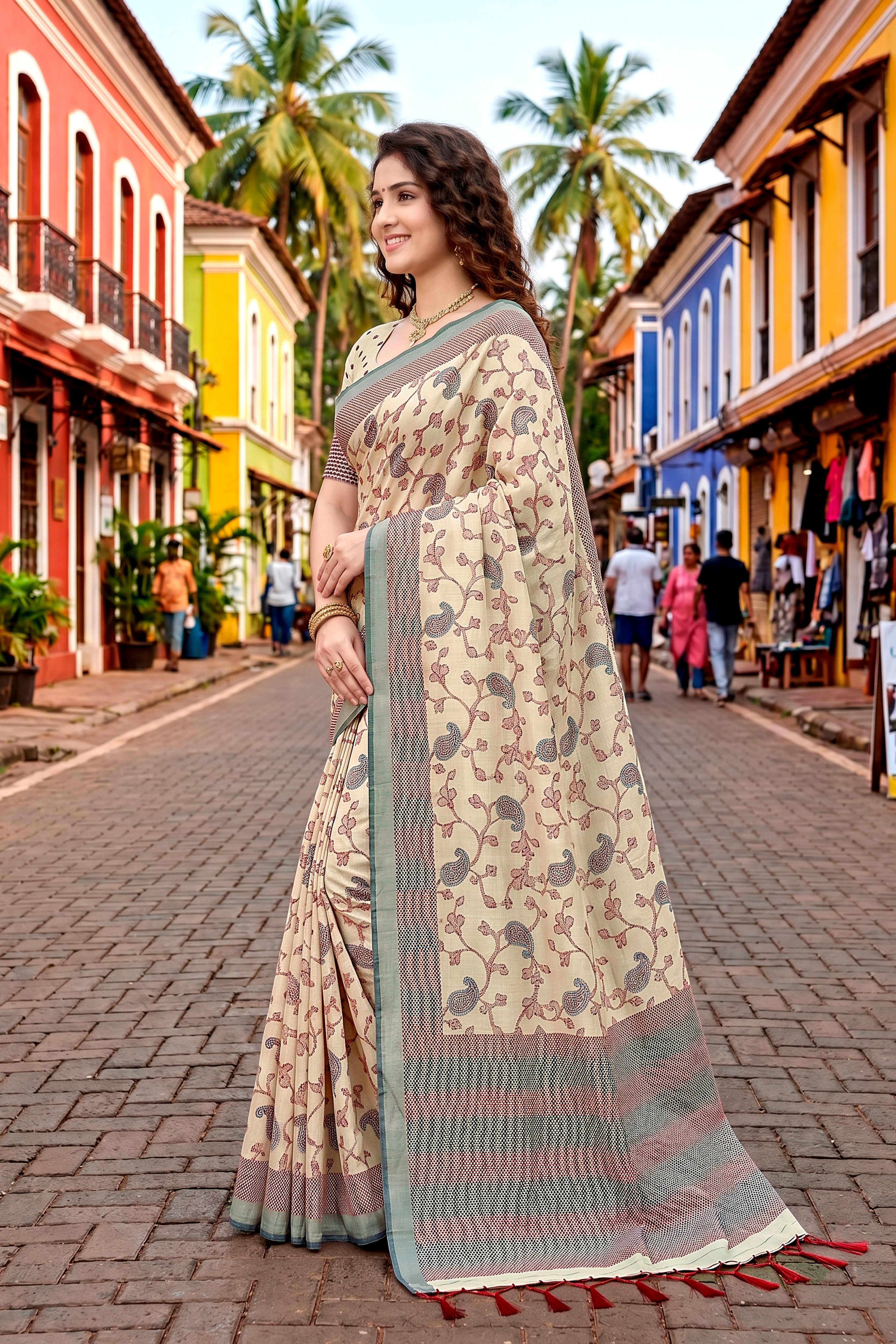 Sangam Prints Ivory Beige Cotton Blend Woven Work Traditional Saree - Dista