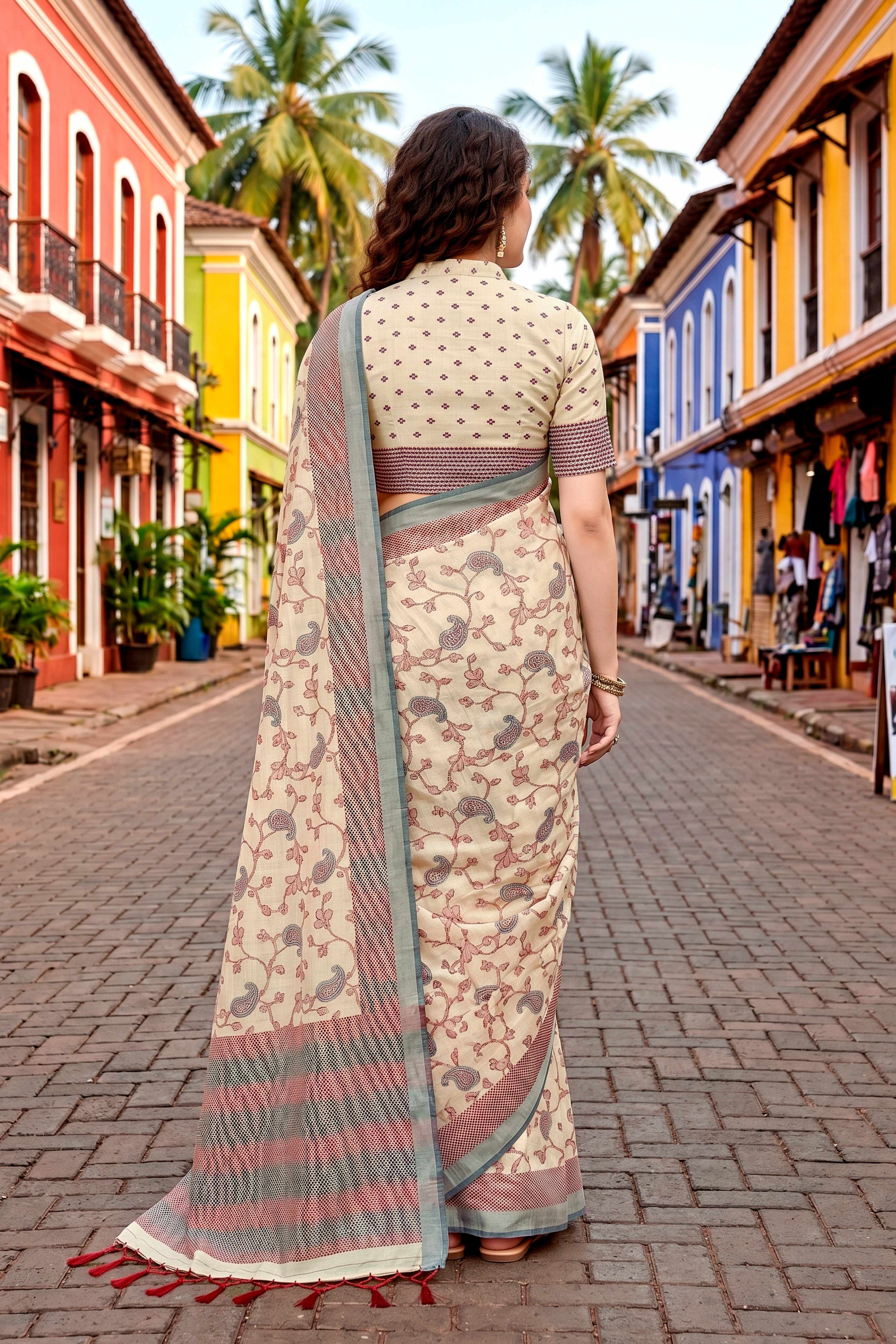 Sangam Prints Ivory Beige Cotton Blend Woven Work Traditional Saree - Dista