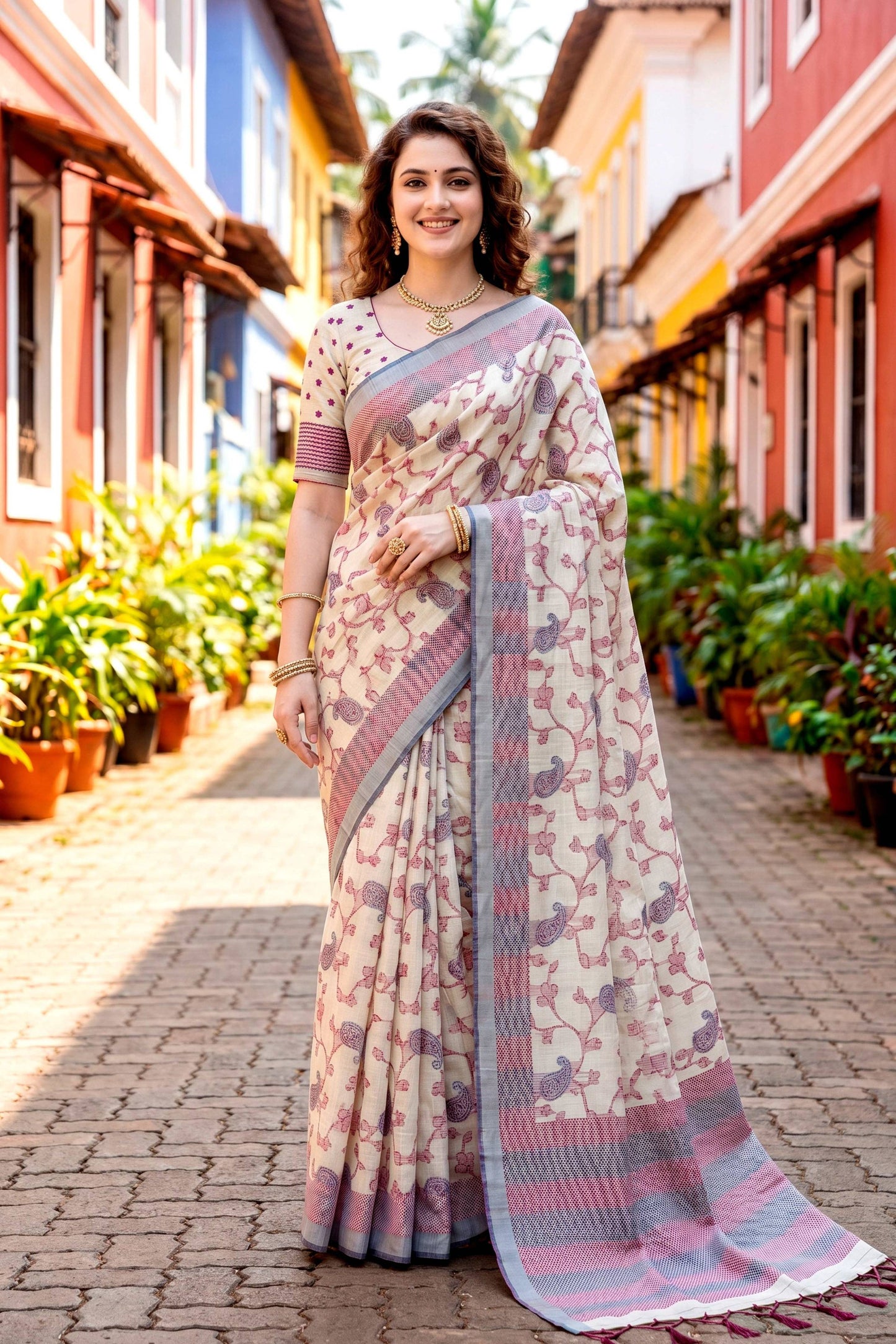 Sangam Prints Red Cotton Blend Woven Work Traditional Saree - Dista