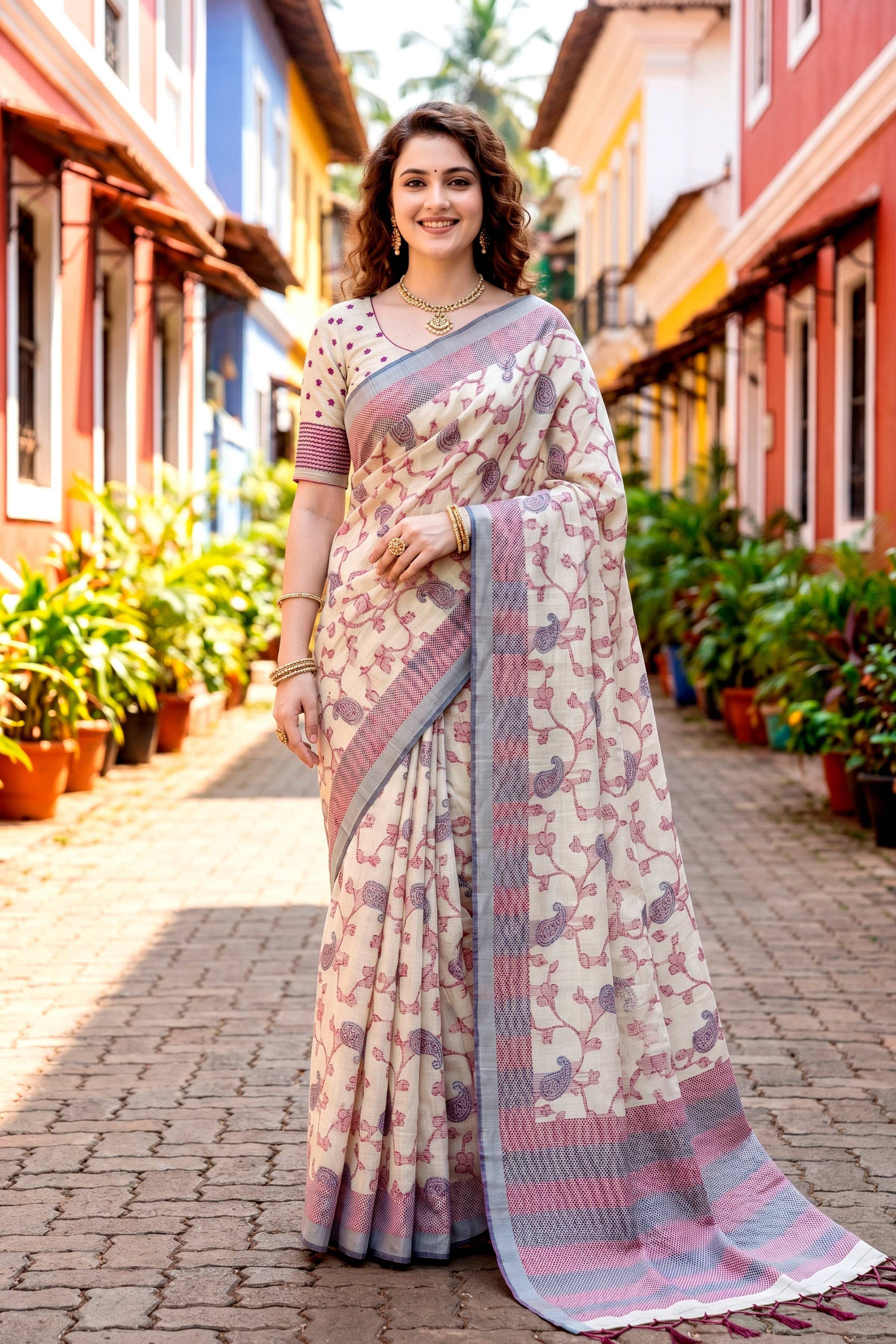 Sangam Prints Red Cotton Blend Woven Work Traditional Saree - Dista