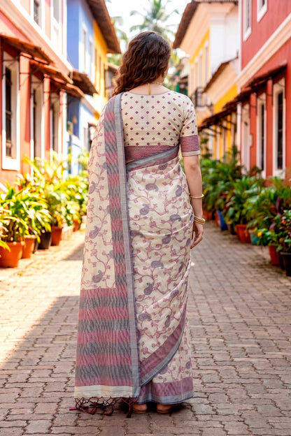 Sangam Prints Red Cotton Blend Woven Work Traditional Saree - Dista