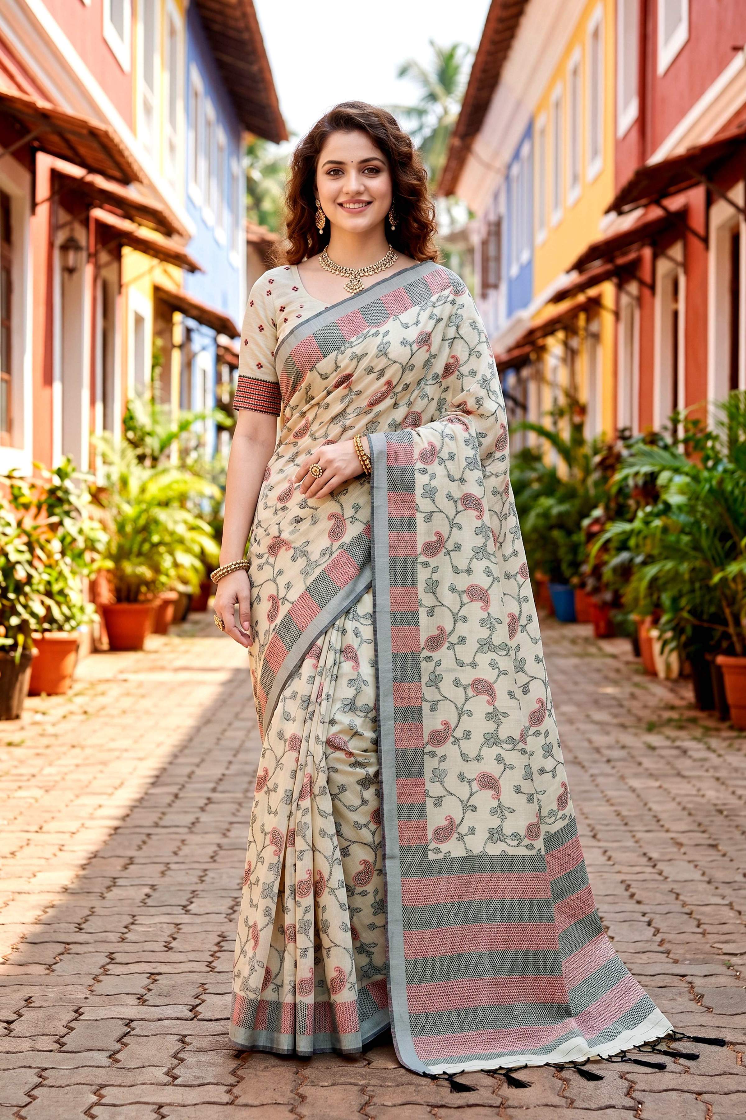 Sangam Prints Purple Cotton Blend Woven Work Traditional Saree - Dista