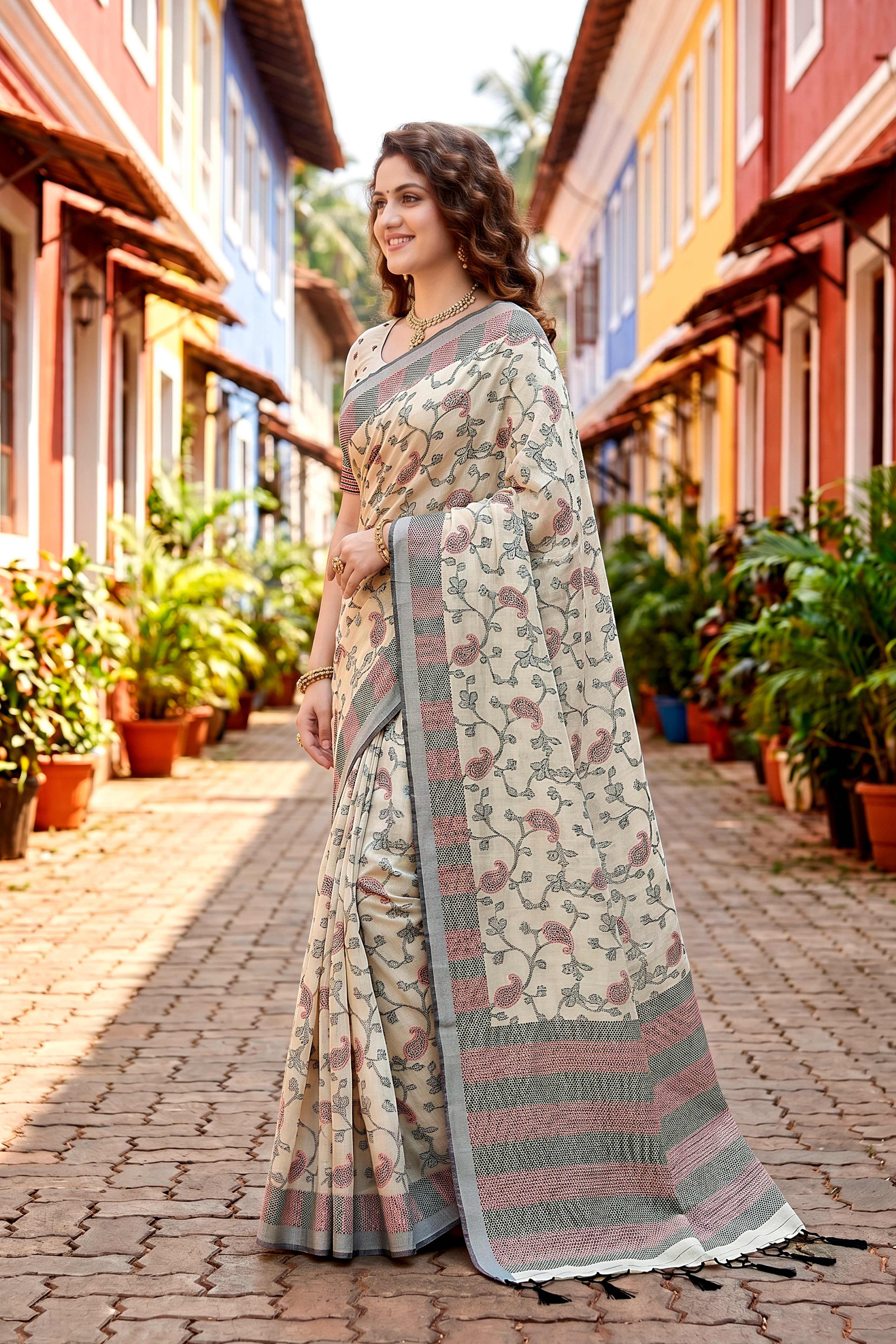 Sangam Prints Purple Cotton Blend Woven Work Traditional Saree - Dista