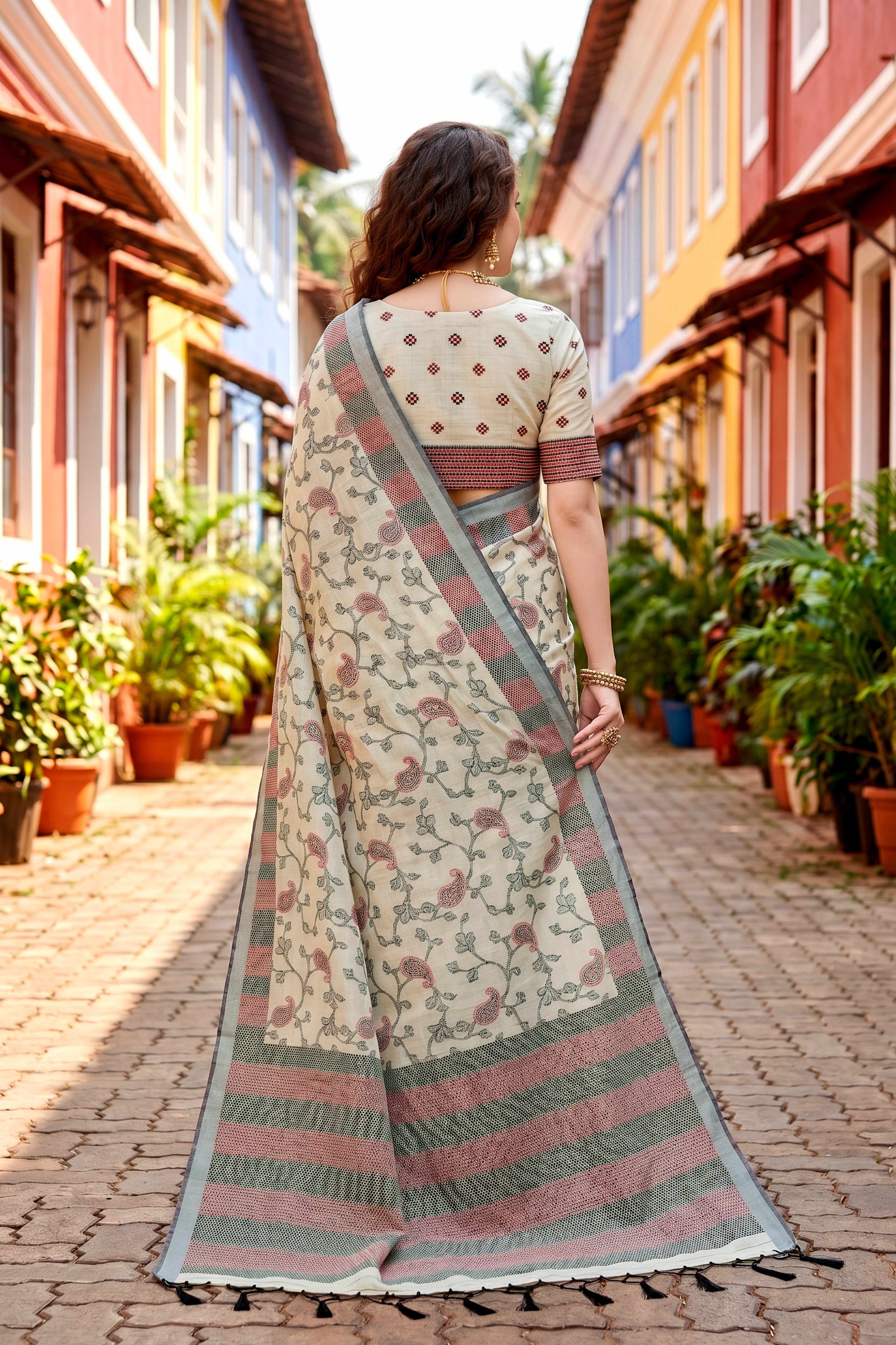 Sangam Prints Purple Cotton Blend Woven Work Traditional Saree - Dista