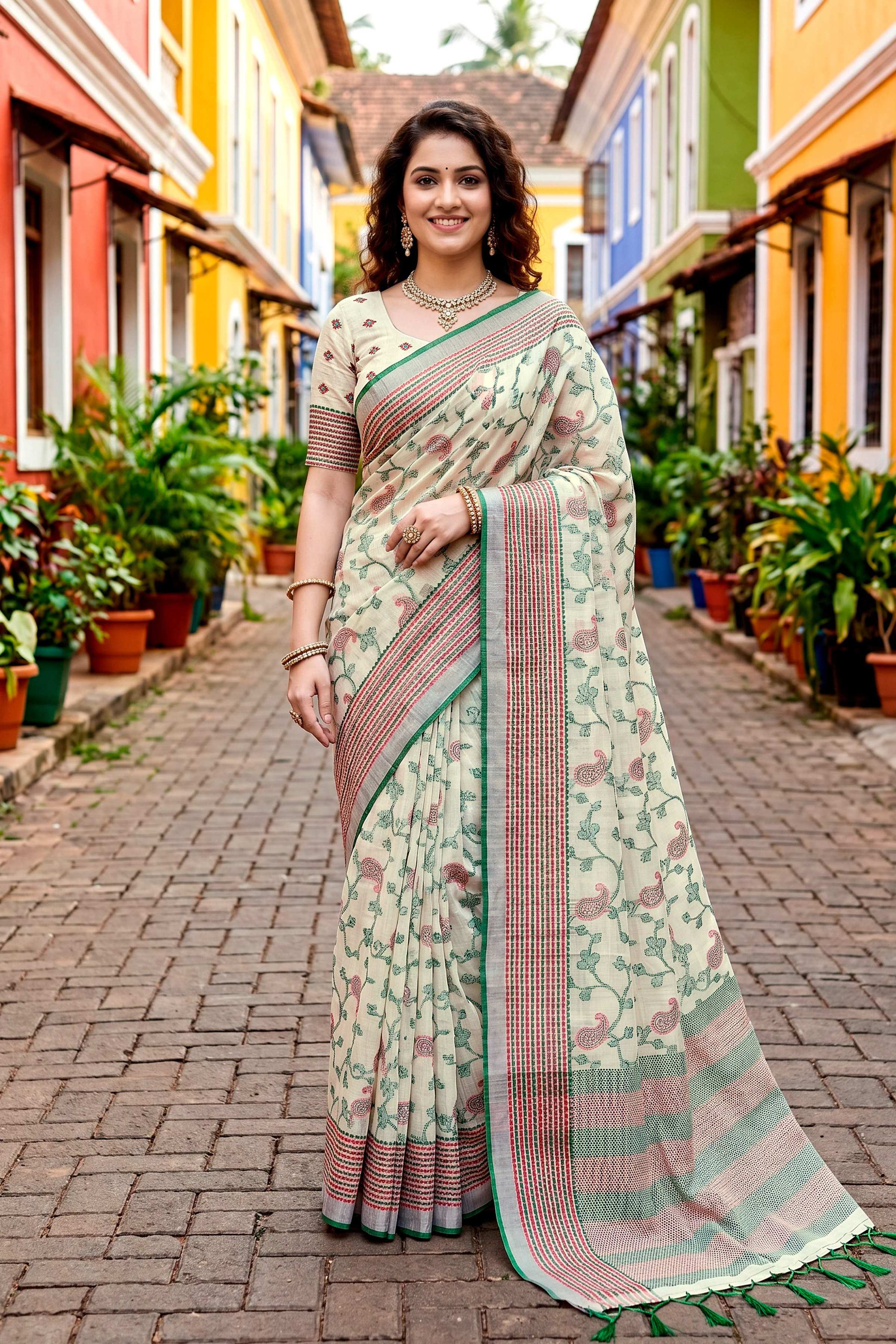 Sangam Prints Green Cotton Blend Woven Work Traditional Saree - Dista