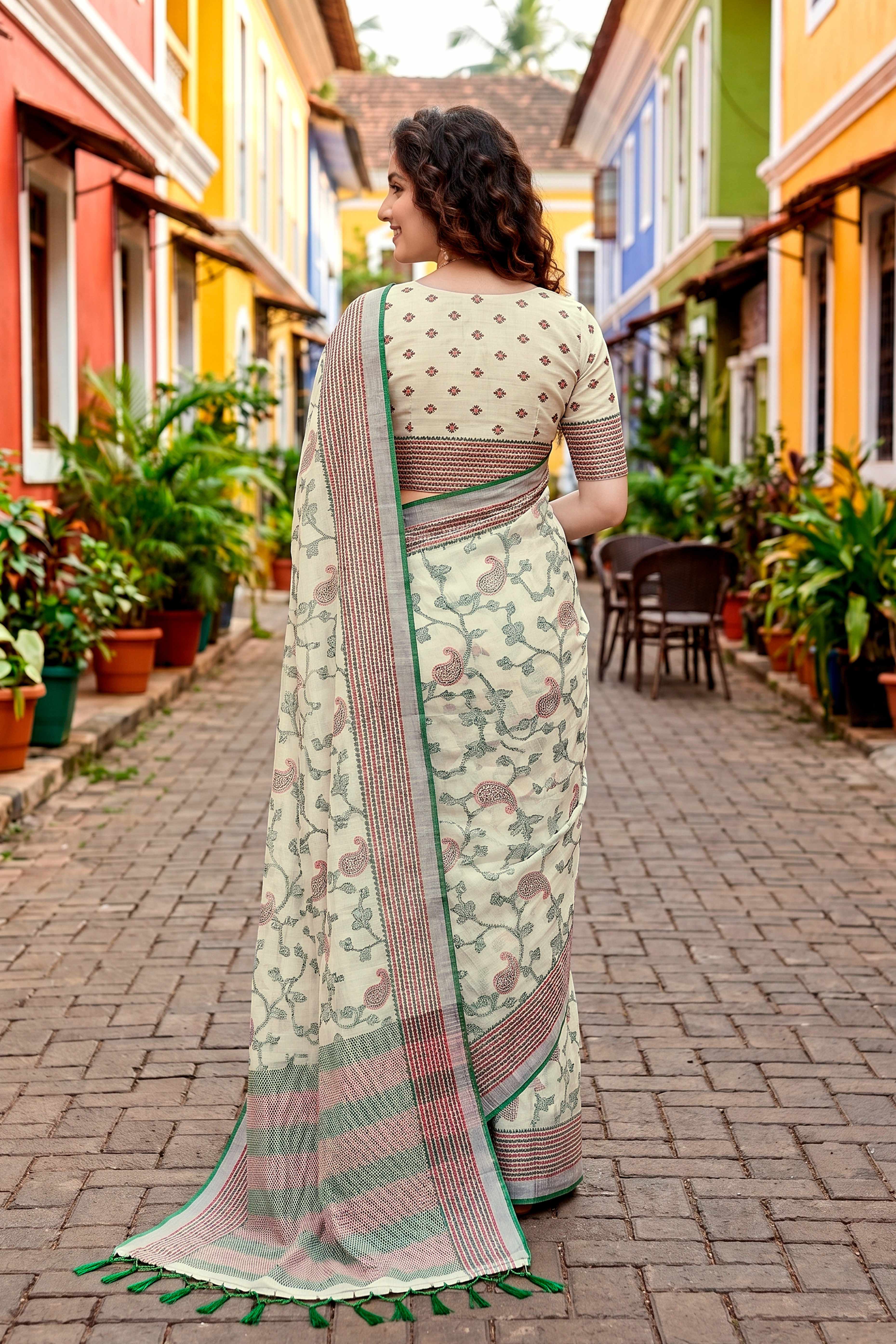 Sangam Prints Green Cotton Blend Woven Work Traditional Saree - Dista