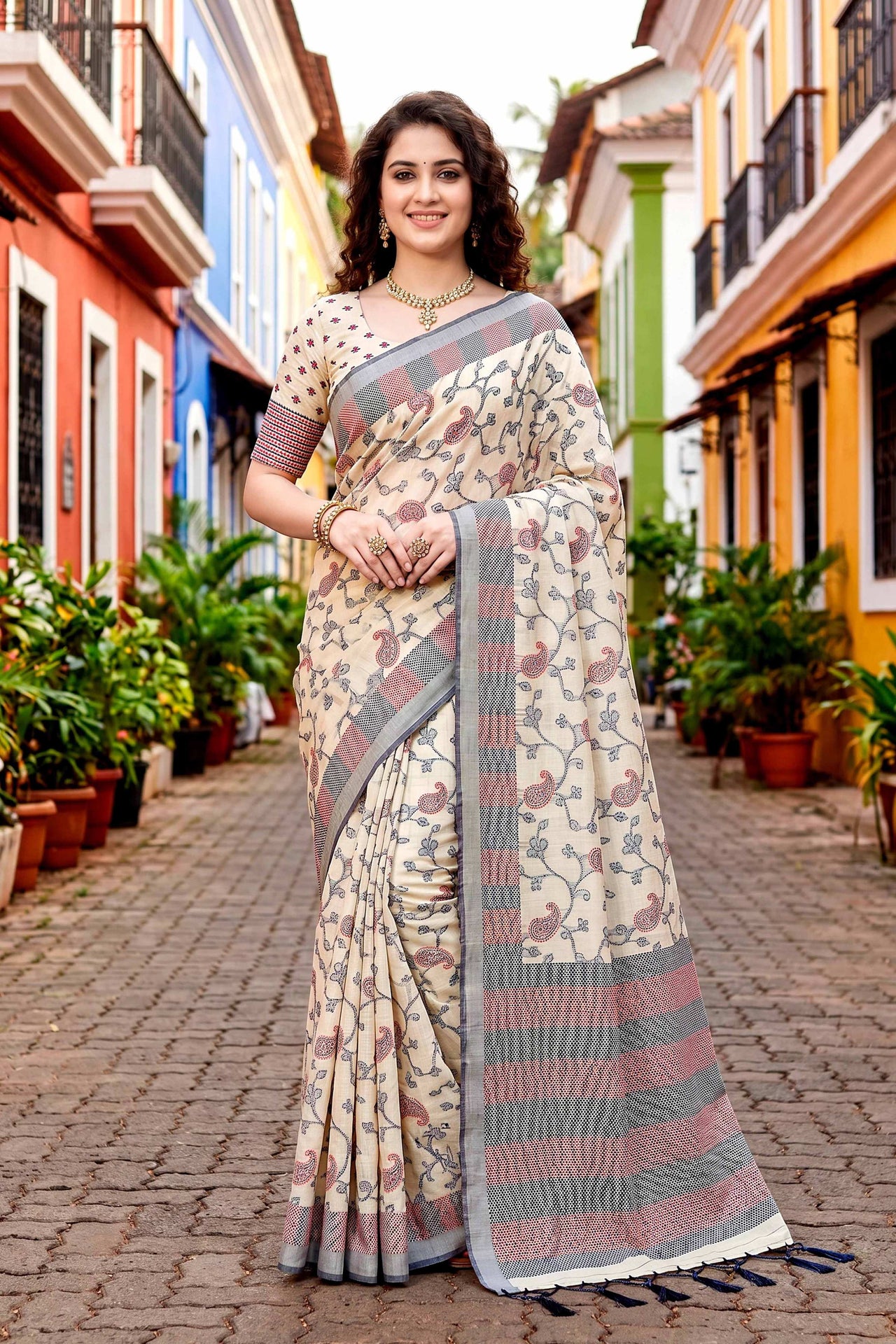 Sangam Prints Red Cotton Blend Woven Work Traditional Saree - Dista